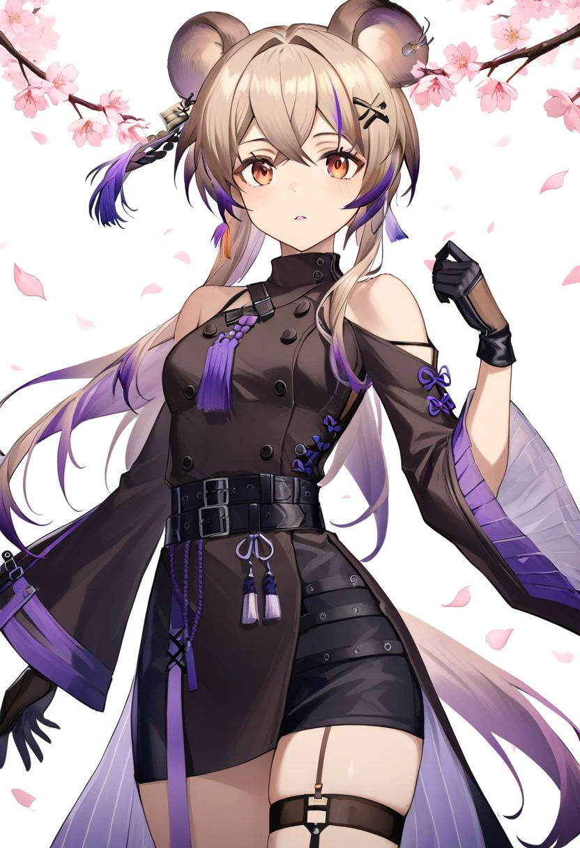 masterpiece,best quality,very aesthetic,absurdres,sensitive,1girl,solo,mouse ears,animal ears,long hair,grey hair,looking at viewer,long sleeves,cowboy shot,dress,breasts,multicolored hair,cherry blossoms,black dress,purple hair,official alternate costume,parted lips,bangs,petals,gloves,small breasts,belt,white background,very long hair,black gloves,wide sleeves,hair between eyes,mouse girl,tassel,thigh strap,shoulder cutout,brown eyes,orange eyes,jewelry,lin \(arknights\),lin yuxia,mouse girl,purple hair,arknights,lin_arknights,