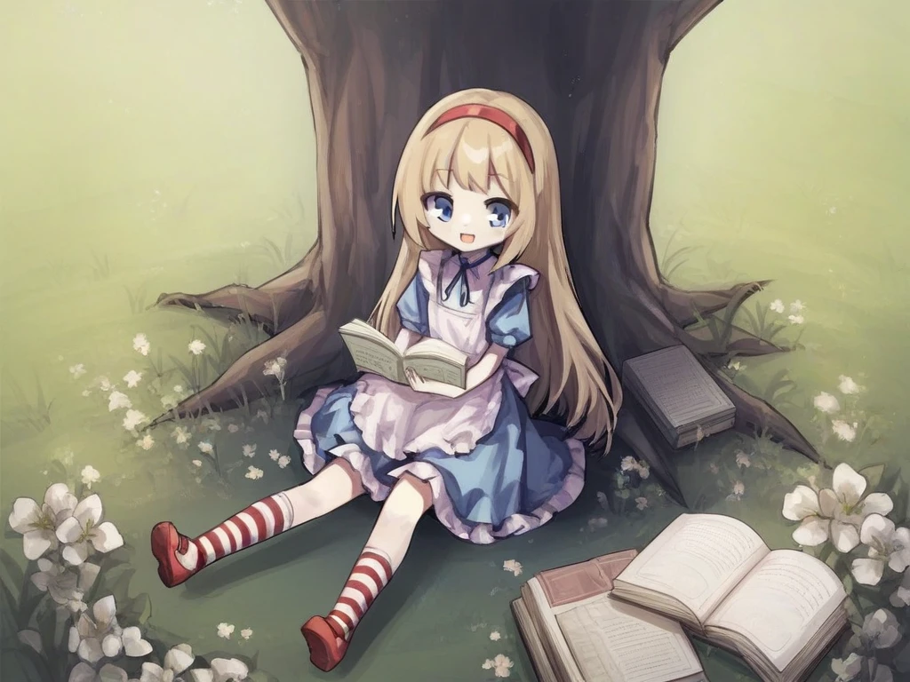 <lora:Neoki_Ohae_Nekos-PonyXL-1024px:0.9>
score_5, score_6,
1girl, solo, sitting under a tree outdoors reading a book, wearing (blue dress, white frilly apron, red hairband, striped socks, mary janes), long blonde hair, blue eyes, smile, open mouth, simple background, grass, flowers