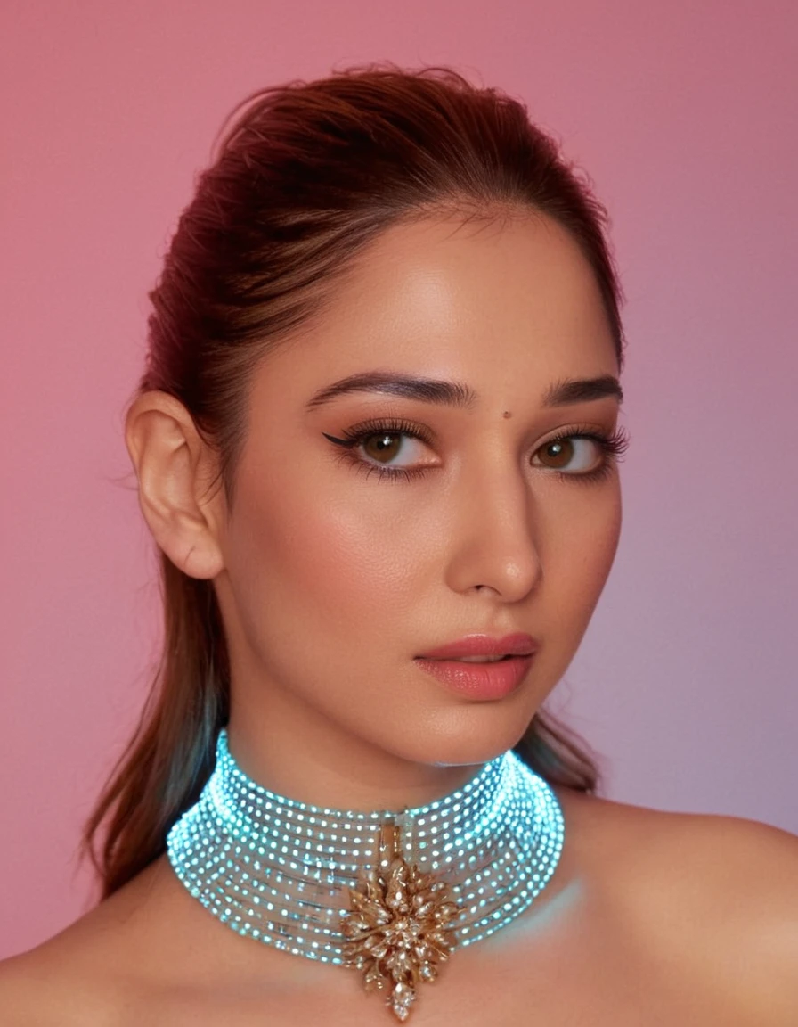 cinematic still Close-up of a fashion model with a holographic choker that creates the illusion of a floating necklace, ((tamhwx woman)), complemented by a glowing, fiber optic woven hairpiece . emotional, harmonious, vignette, 4k epic detailed, shot on kodak, 35mm photo, sharp focus, high budget, cinemascope, moody, epic, gorgeous, film grain, grainy, Close-up of a fashion model with a holographic choker that creates the illusion of a floating necklace, ((tamhwx woman)), complemented by a glowing, fiber optic woven hairpiece, dynamic composition, dramatic, intricate, elegant, highly detailed, background inspired, deep aesthetic, innocent, sublime, sharp focus, illuminated, very inspirational, beautiful, thought