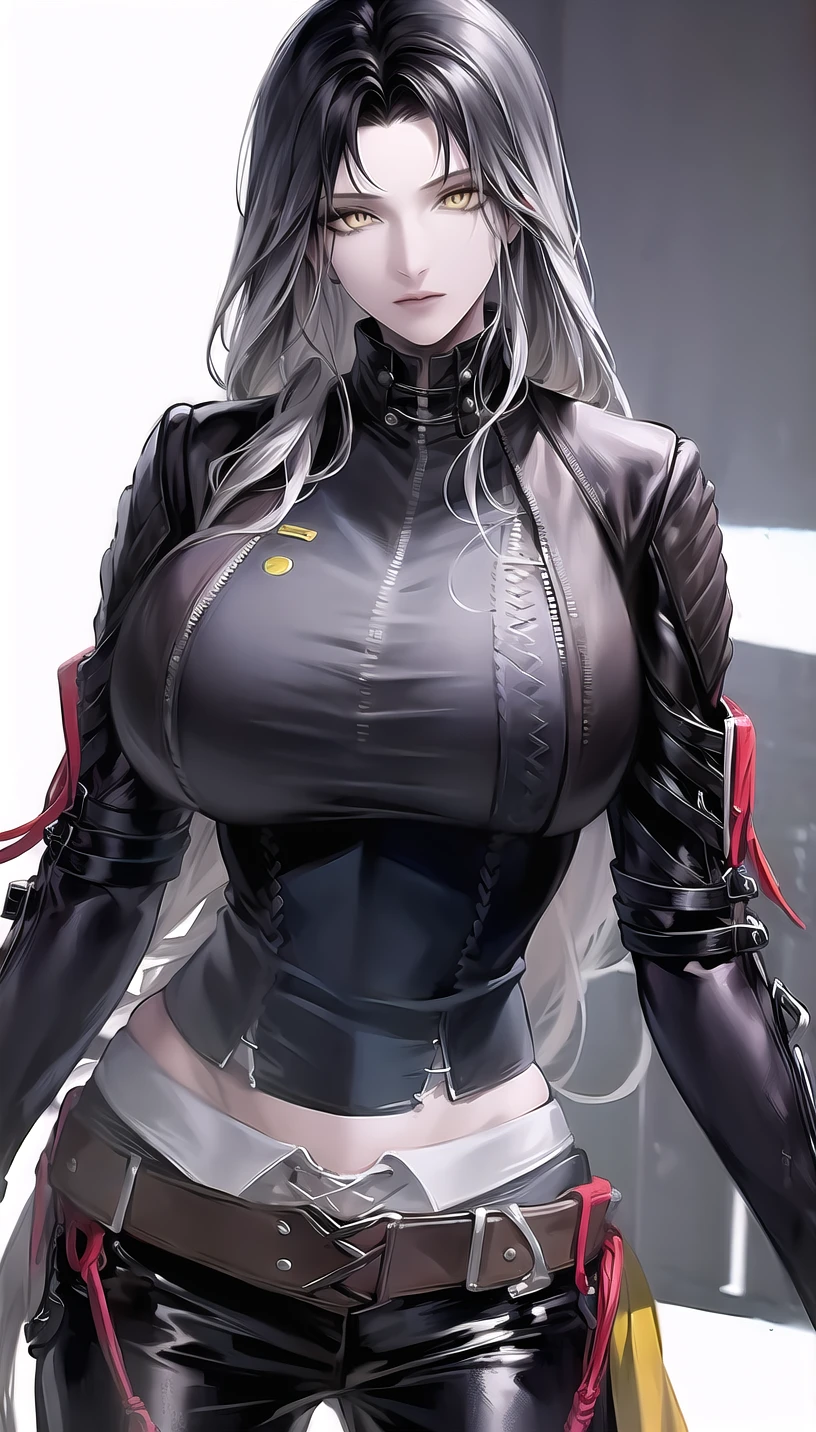 grey hair, yellow eyes,
(compression shirtï¼1.28),
lady,mature female, cowboy shot,
(white background,simple background:1.18),
highres,official art,original,masterpiece,best quality,
huge breasts,
<lora:Angell2:0.8>