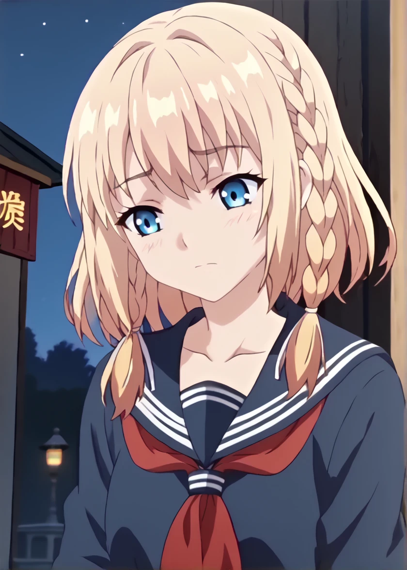 (score_9, score_8_up, score_7_up, break),  <lora:Rinka_(ponyXL):1>, cute, rinka, red light district,  feudal japan, night, 1girl, braid, blonde hair, blue eyes, sidelocks, blue serafuku, sailor collar, school uniform, anime screenshot, official art, detailed background, 8k,
