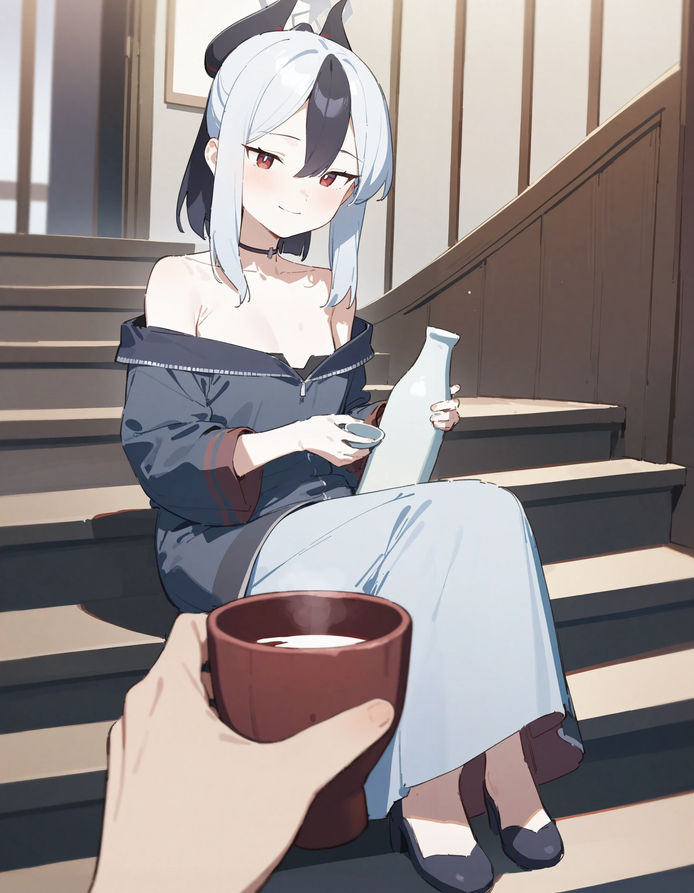 povhldg cup, pov hands,
1girl, kayoko \(dress\) \(blue archive\), blue archive, doremi,
multicolored hair, dress, grey jacket, bare shoulders, holding bottle, sake bottle, smile, full body, sitting, red eyes,
stairs, interior,
best quality, masterpiece
<lora:concept_povholding_res:1>