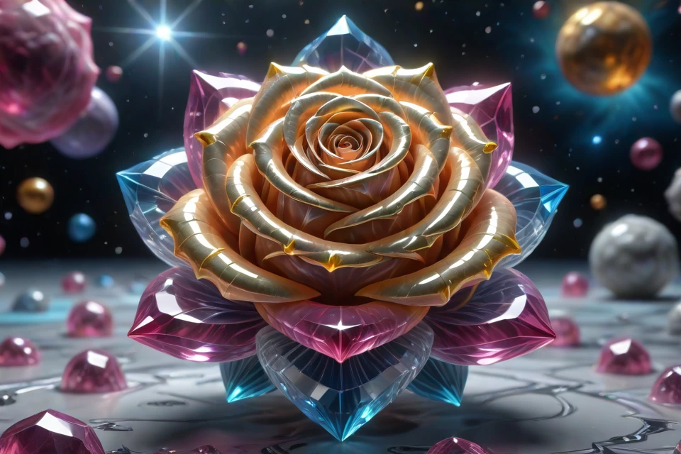 <lora:gl0ssy1_xl:1.2>  Masterpiece art of A crystal rose in space