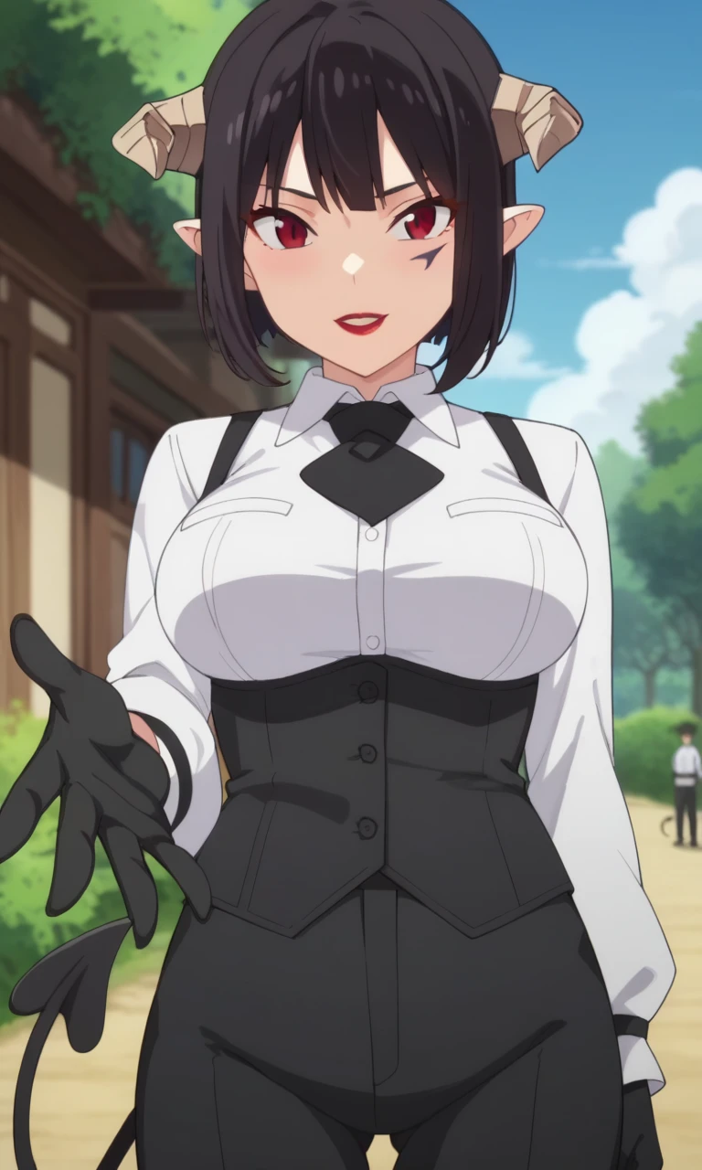 score_9, score_8_up, score_7_up, 1girl, <lora:torture_tortura:1> torturaxl, red eyes, black hair, short hair, pointy ears, facial mark, black gloves, large breasts, red lips, demon horns, demon tail, black pants, black corset, white shirt, collared shirt, long sleeves, black necktie, vest, demon girl, looking at viewer, reaching, solo focus, outdoors, blue sky, nature, standing, anime style, screencap