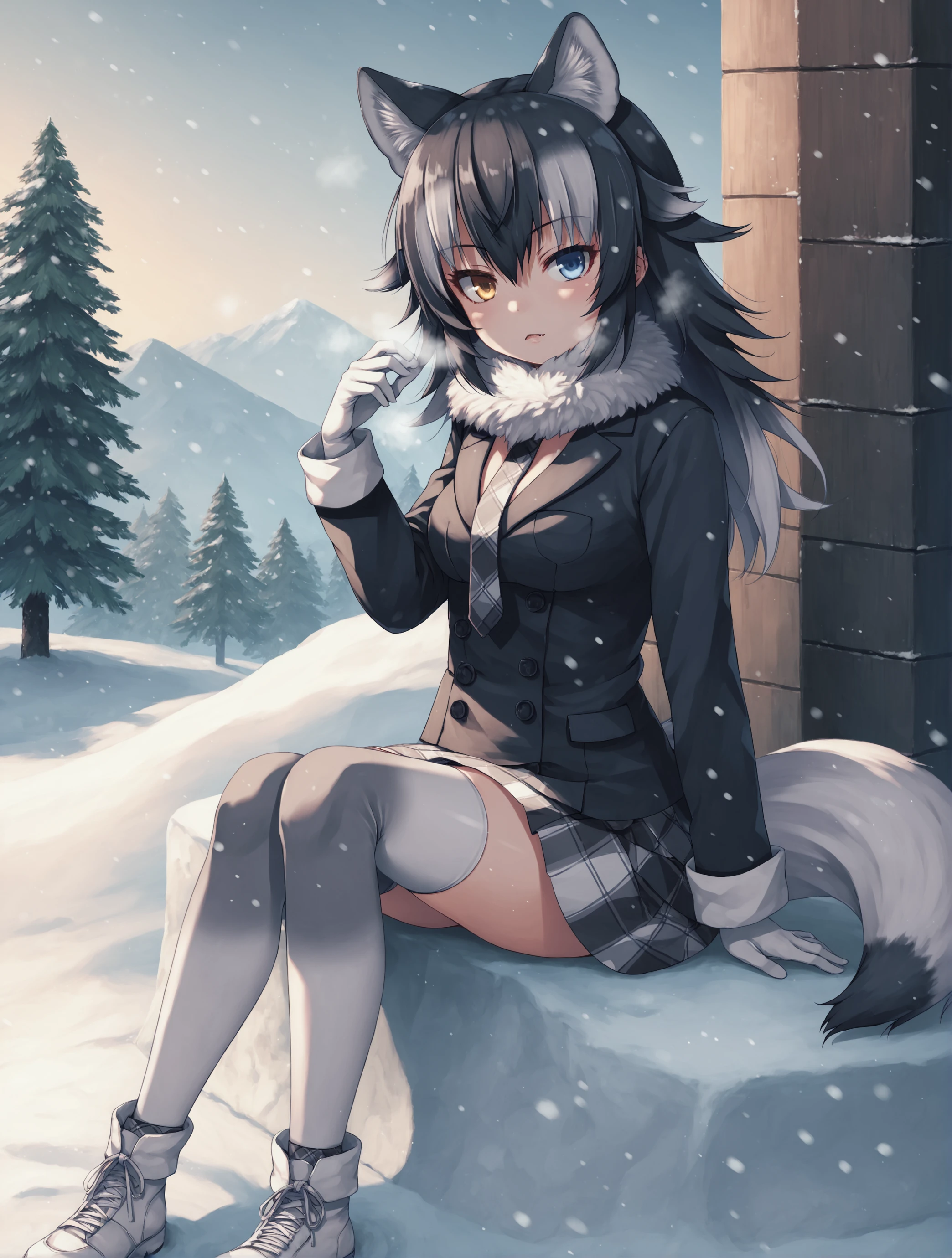 score_9, score_8_up, score_7_up, score_6_up, by tomose shunsaku BREAK 1girl, medium breasts, grey wolf \(kemono friends\), wolf girl, heterochromia, snow, pine tree, outdoors, sitting, wariza, <lora:grey-wolf-v1:0.7>, black jacket, fur collar, plaid skirt, plaid necktie, white gloves, grey thighhighs, white footwear