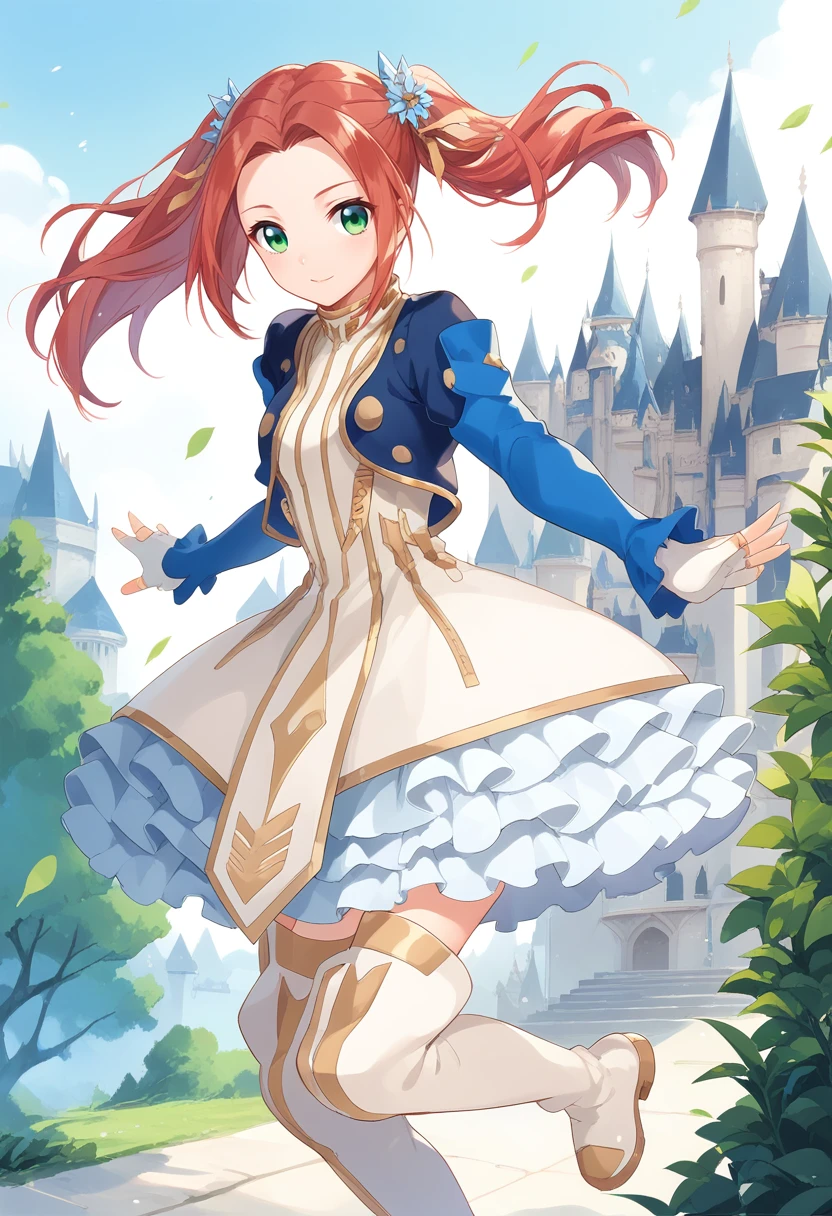 score_9, score_8_up, score_7_up,  eleanor hume, green eyes, smile, twintails, short dress, red hair, hair ornament, thigh boots, cropped jacket, frills, fingerless gloves, full body, castle,  <lora:Eleanor_Hume_Pony:1>