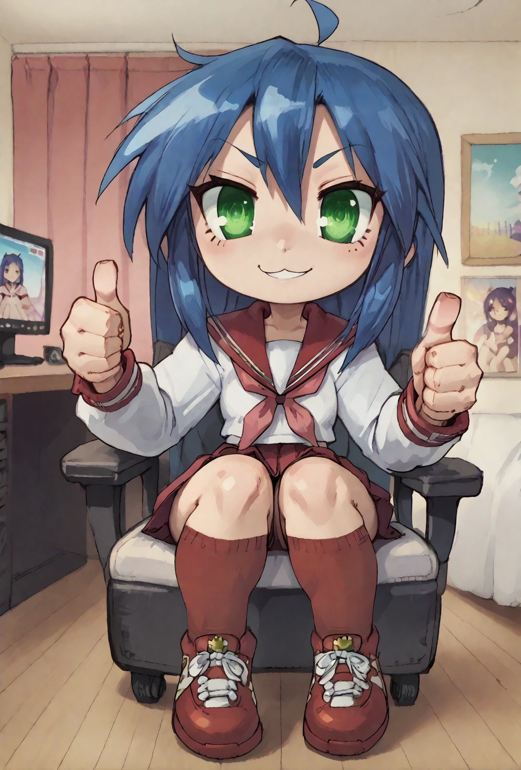 score9, score_8_up, score_7_up, rating_safe, <lora:konata:0.7> Konata Izumi, 1girl, solo, long hair, blue hair, ahoge, green eyes, mole, serafuku, red skirt, red sailor collar, shoes, brown tighhighs, Konata Izumi giving a thumbs up to the viewer while sitting on her gamer chair, indoors, bedroom, gaming computer, rgb lights, gaming keyboard, gamer chair, closed curtains, character focus, close up, character focus, close up, (thumbs up:1.3) <lora:Glorp_Bingo_Mega_Mix-000013:1> glorpbingomegamix1