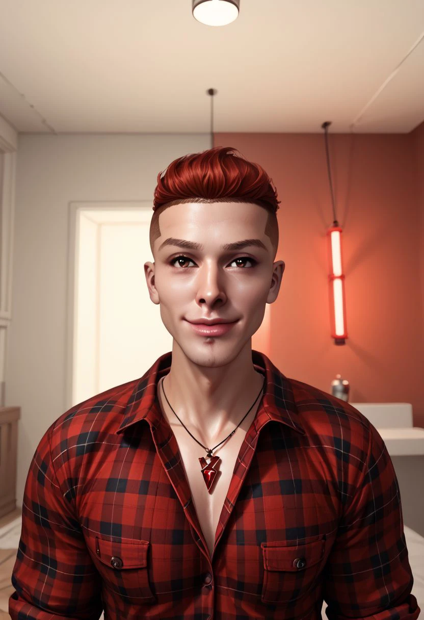 rpskxzt, solo, shirt, brown eyes, jewelry, necklace, red shirt, red hair, plaid shirt, 1boy, male focus, indoors, plaid, upper body, realistic, smile, rembrandt lighting, red lights, sidelighting, score_9, score_8_up, score_7_up, score_6_up, score_5_up, score_4_up