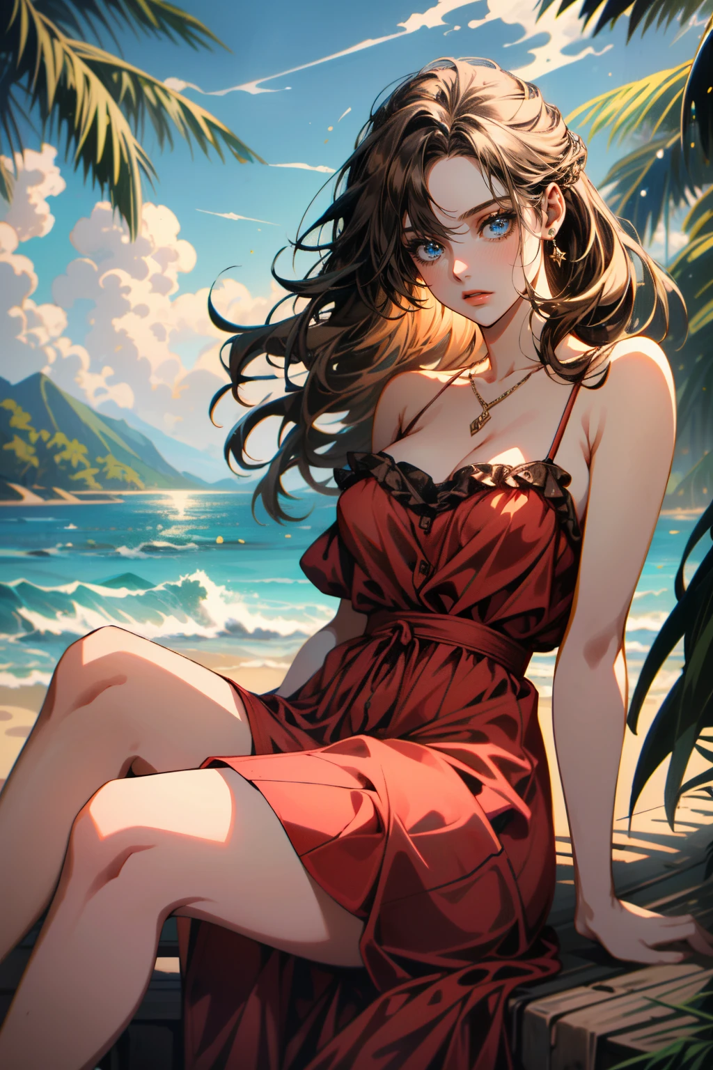 ((ultra detailed, masterpiece, absurdres))
 <lora:RE2Claire:0.8>
RE2Claire, 1girl, long hair, brown hair, blue eyes, on a tropical island, sundress, palm trees