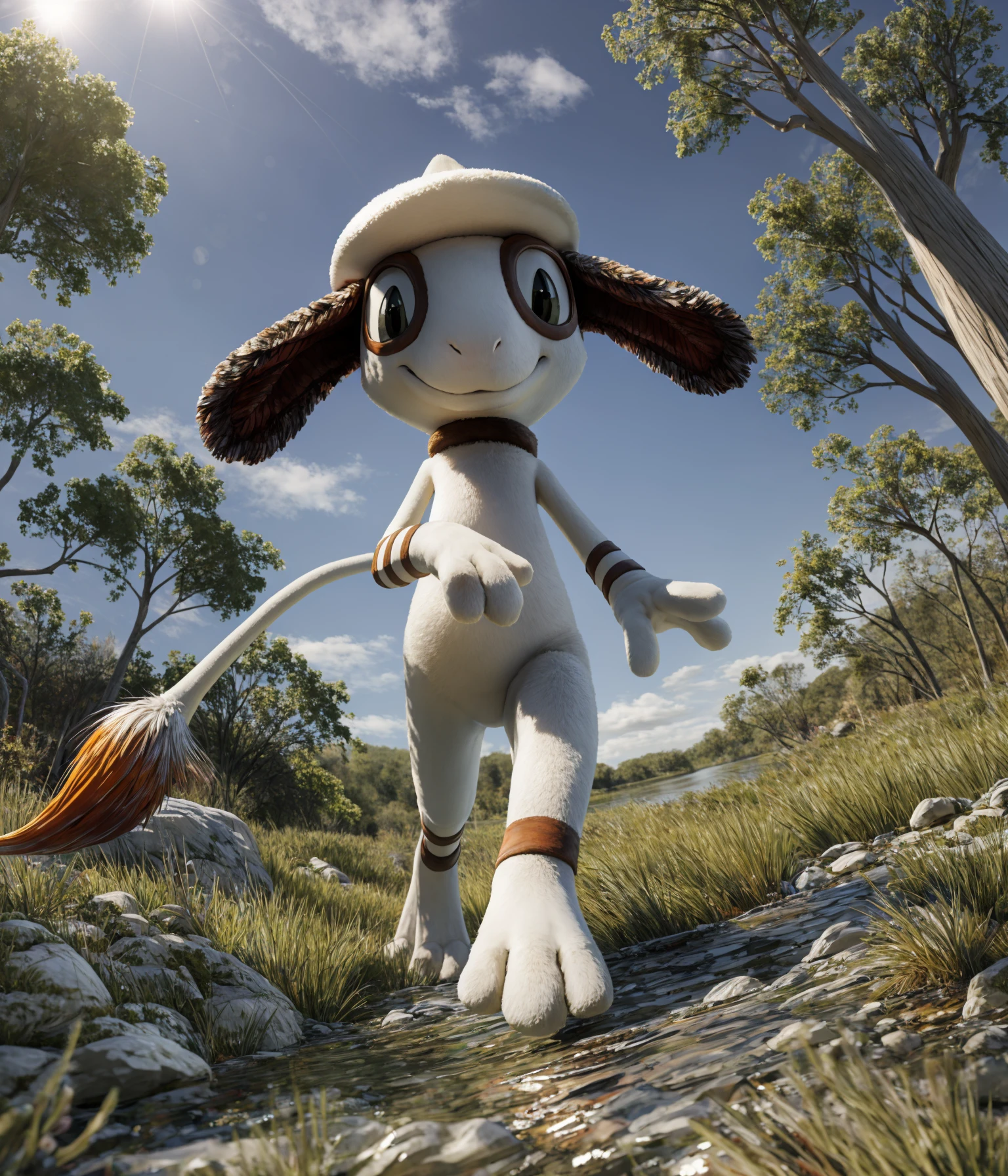 detailed background, amazing background, marshlands, solo, (low-angle view, worm's-eye view:1.2), side view, (foreshortening, perspective, dutch angle:1.15) BREAK
<lora:Smeargle:1> smearglepkmn, pokemon \(species\), tan fur, black eyes, eye markings, long tail, thin tail, tail tuft, red tail tip, small pupils, plantigrade, 3 fingers, 3 toes, (featureless chest, featureless crotch:1.2) BREAK
walking, (looking away, head turned:1.2), closed smile, (tail aside:1.19)