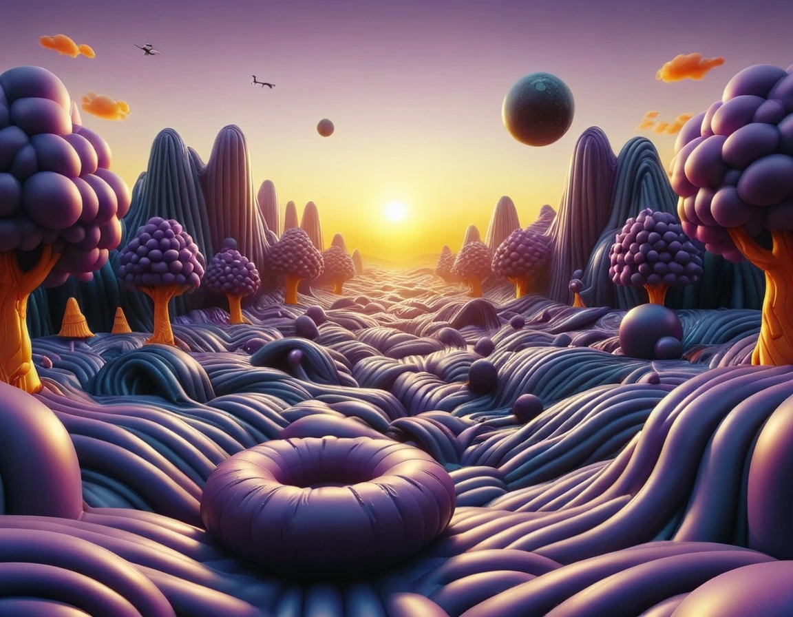 an inflatable dark purple rbbrwrld landscape at sunset<lora:rbbrwrld:1>