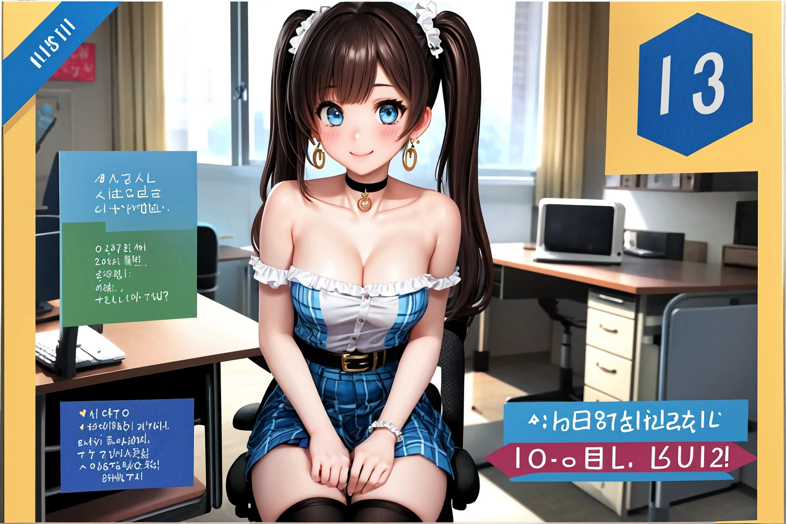 (((text, numbers, graphics))), masterpiece, ultra-detailed, best quality, illustration, 8k cg wallpaper, an extremely delicate and beautiful, 1girl, solo, perfect anatomy, cute face, smiling, blushing, sparkling eyes, deep blue eyes, beautiful detailed eyes, dark brown hair, shoulder-length hair, twintails, cute hair accessories, cute earrings, cute choker, slim body, medium breasts, business outfit, perfect arms, cute arm accessories, black belt with gold buckle, light blue plaid skirt, cute thigh-high stockings, perfect legs, cute, pretty, beautiful, sexy, perfect body, (background: office, desk, chair, bulletin board, windows, intricately detailed items in background), <lora:ATC:1>