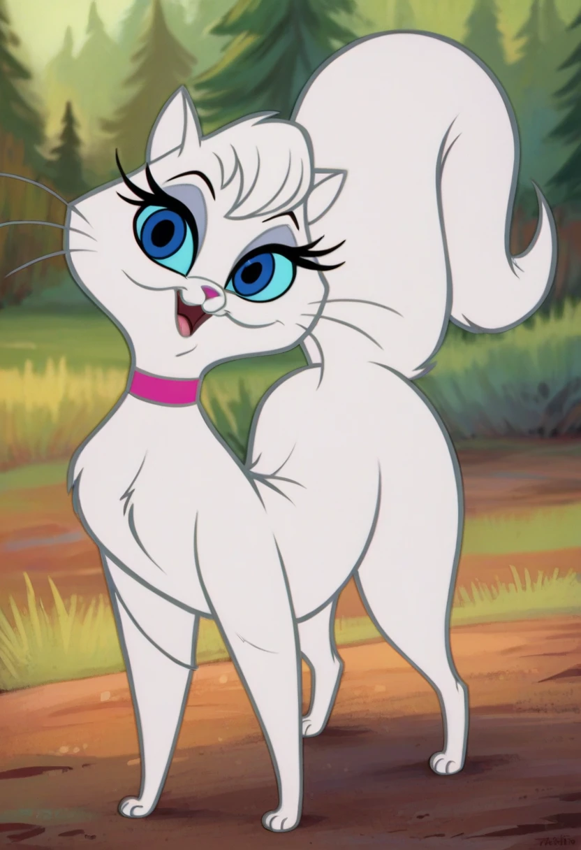 source_cartoon, source_western, source_furry, score_9, score_8_up, score_8, 1girl, <lora:Mewsette:0.85> feral, blue eyes, solo, open mouth, cat, white fur, no humans, choker, looking at viewer, smile, full body, whiskers, pink collar, tail, on all fours, eyes half closed,
forest background, blurry background,
