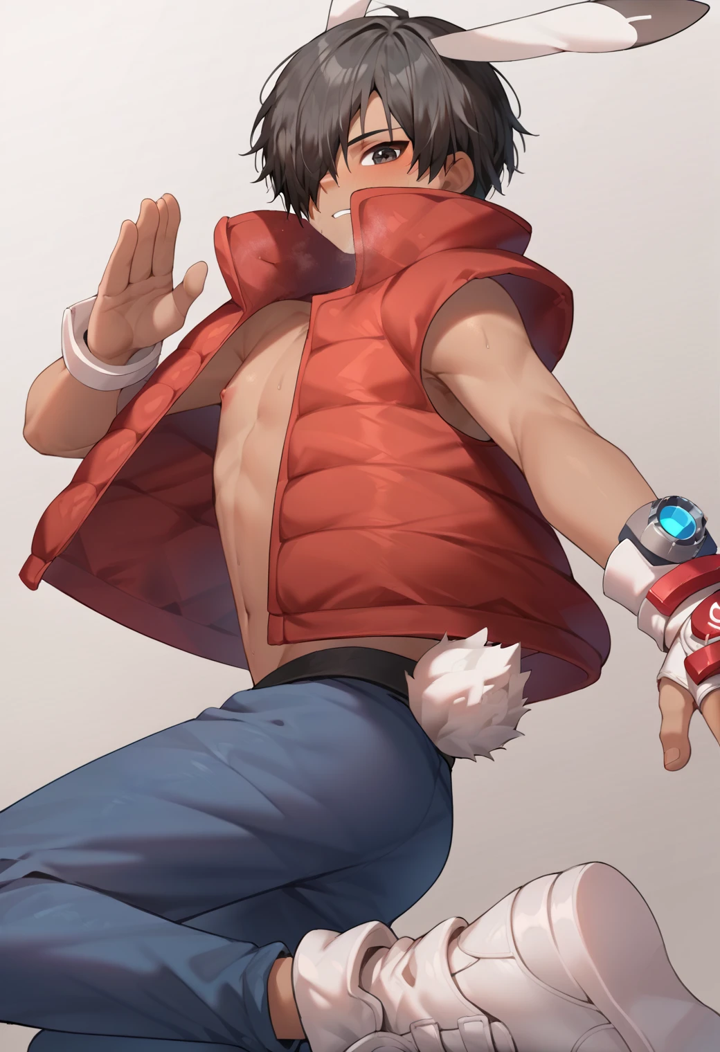 score_9_up, score_8_up, score_7_up, score_6_up, score_9, cute, 1boy, kazuma_king, black hair, dark brown eyes, bunny ears,red vest, blue jeans, hair over one eye, white shoes, bunny tail, championship belt, googles, best quality, amazing quality, best aesthetic, absurdres ,source_anime, source_, score_5_up<lora:EMS-361293-EMS:1.000000>