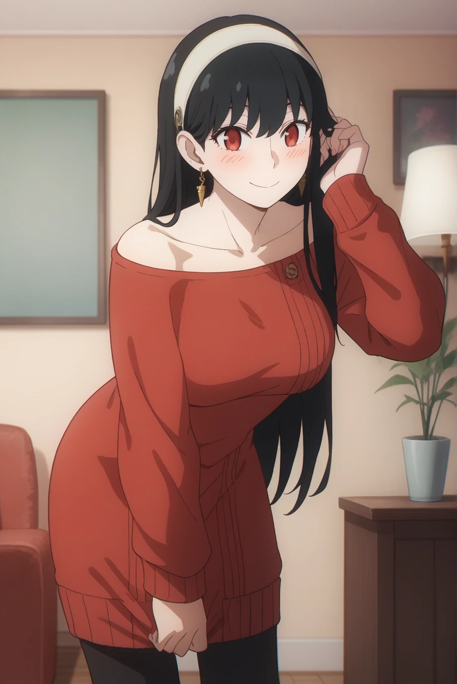 score_9, score_8_up, score_7_up, score_6_up, score_5_up, score_4_up, BREAK source_anime, 1girl, solo,
<lora:SpyxFamilyYorXL-v1-07:0.7>, ChopioYor, black hair, red eyes, gold earrings, looking at viewer,
long hair, straight hair, white hairband,
medium breasts, (thick thighs:0.6), 
outfit_2, bare shoulders, collarbone, red sweater, sweater dress, long sleeves, sleeves past wrists, off-shoulder sweater, black leggings,
living room, smile, standing, legs, leaning forward, adjusting hair, ear. blush,