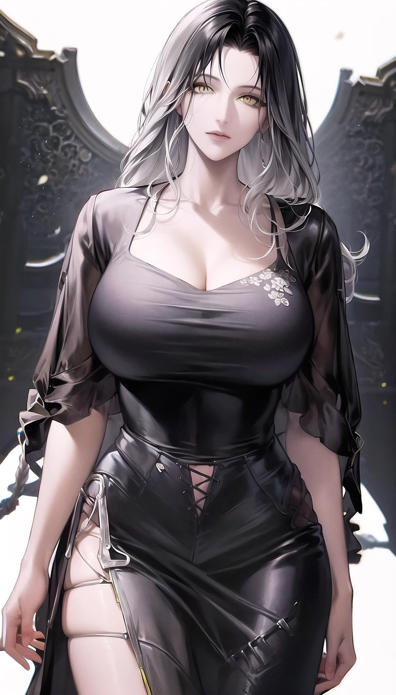 grey hair, yellow eyes,
(nightgownï¼1.28),
lady,mature female, cowboy shot,
(white background,simple background:1.18),
highres,official art,original,masterpiece,best quality,
huge breasts,
<lora:Angell2:0.8>