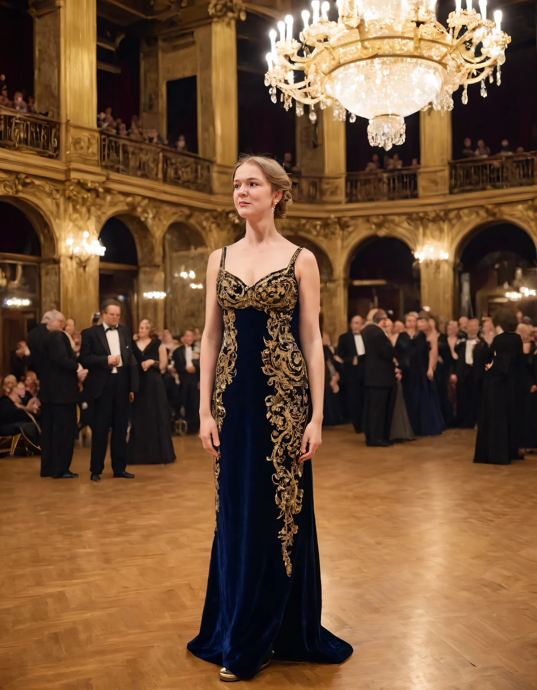 Amidst the opulent gala night at the Vienna State Opera House, Alex Sheffield, a woman embodying Vienna's rich cultural heritage and embracing modernity, stands resplendent in her floor-length evening gown of deep navy velvet embellished with gold thread patterns; as she holds an elegantly poised regal pose while gazing into the distance at the ornate ballroom lit by chandeliers casting prismatic light upon those attending this grand affair, her black high heels adding a modern flair to her outfit's classic elegance. <lora:uhnmki18f2137cf73n183:1>