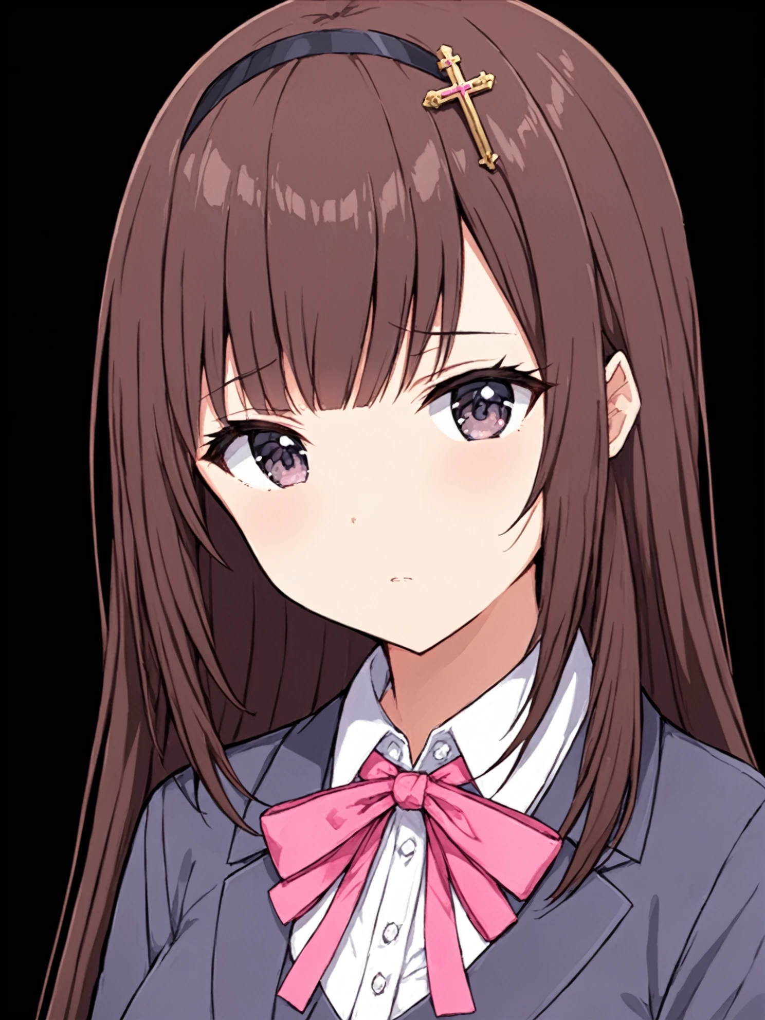 masterpiece, best quality,
(cel shading),
<lora:exorcistcharlotte.sdxl.v1:0.85>
mizukikonoe, 1girl, solo,   simple background,collared shirt,  pink bowtie, black background, hair ornament, cross ,
upper body,
expressionless,