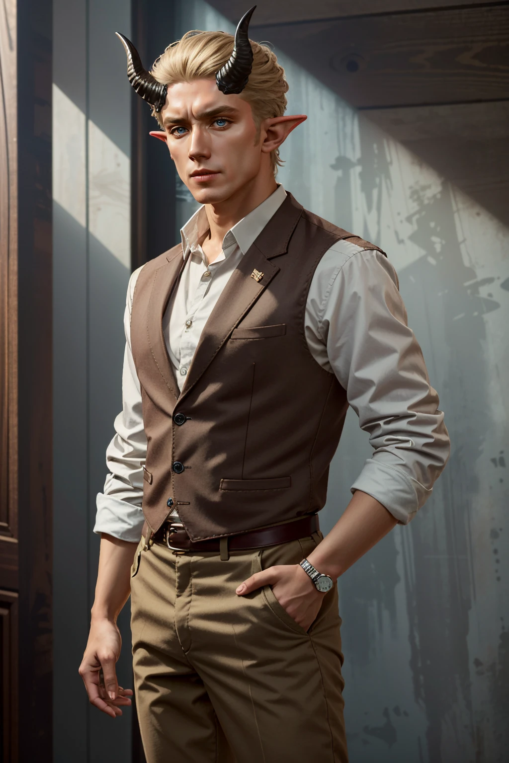 ((ultra detailed, masterpiece, absurdres))
<lora:BGDammon:0.8>
BGDammon, 1boy, short hair, blonde hair, blue eyes, horns, Navy blazer, light blue dress shirt, khaki pants, brown brogues