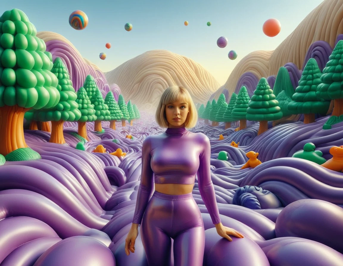 rbbrwrld a pretty blonde woman with bob hair wearing an inflatable purple rbbrwrld landscape<lora:rbbrwrld:1>