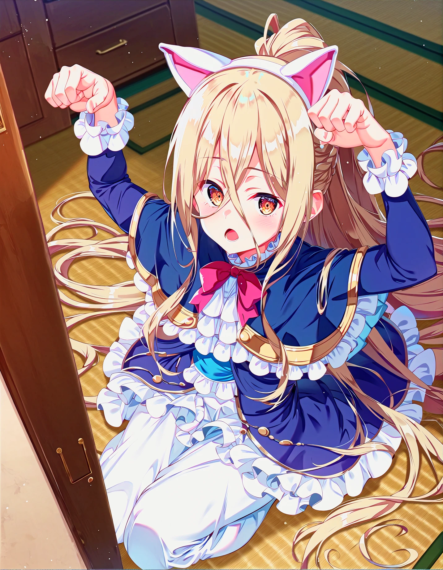 score_9, score_8_up,score_7_up,score_6_up, a girl is on the floor, paw pose, open mouth, fake cat ears
<lora:tanabae_kyou_style_pony6_v1-000014:.9> <lora:sense_sousou no frieren_PONY_last:0.6> sense \(sousou no frieren\),brown eyes,very long hair,absurdly long hair,hair between eyes,eyes visible through hair, blue capelet,frilled dress,white long dress