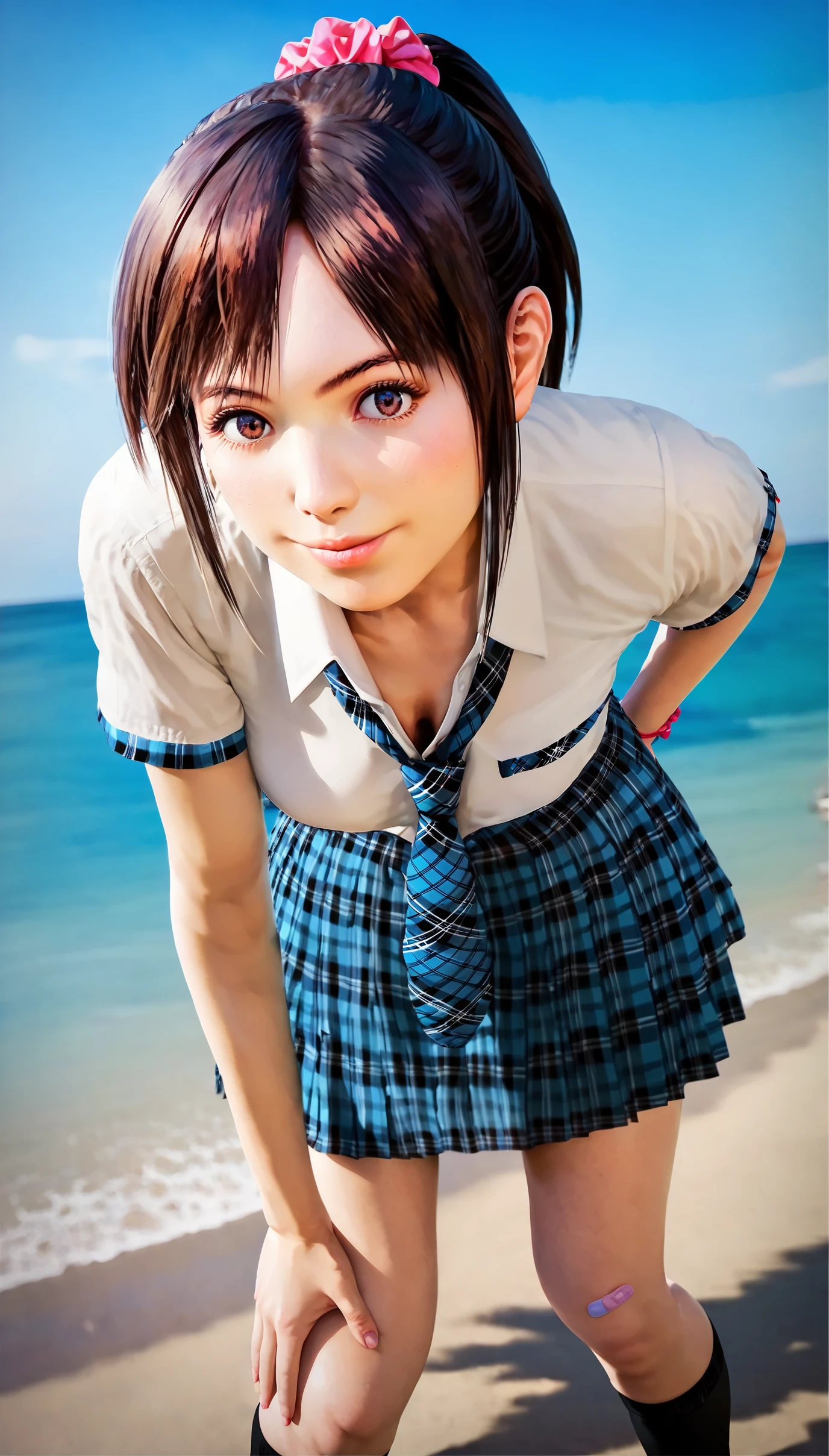 score_9,score_8_up,score_7_up,
<lora:miiyamotoHikari>,miiyamotohikari,1girl,solo,
vignetting,blurry background,
realistic,black hair,ponytail,bangs,scrunchie,pink scrunchie,
brown eyes,
school uniform,white shirt,skirt,pleated skirt,plaid skirt,blue plaid skirt,necktie,plaid necktie,blue plaid necktie,wristband,red wristband,kneehighs,black kneehighs,bandaid on knee,
looking at viewer,smile,lips,
medium ,thick thighs,best hips,
outdoors,sea,street,
upper body,portrait,face focus,