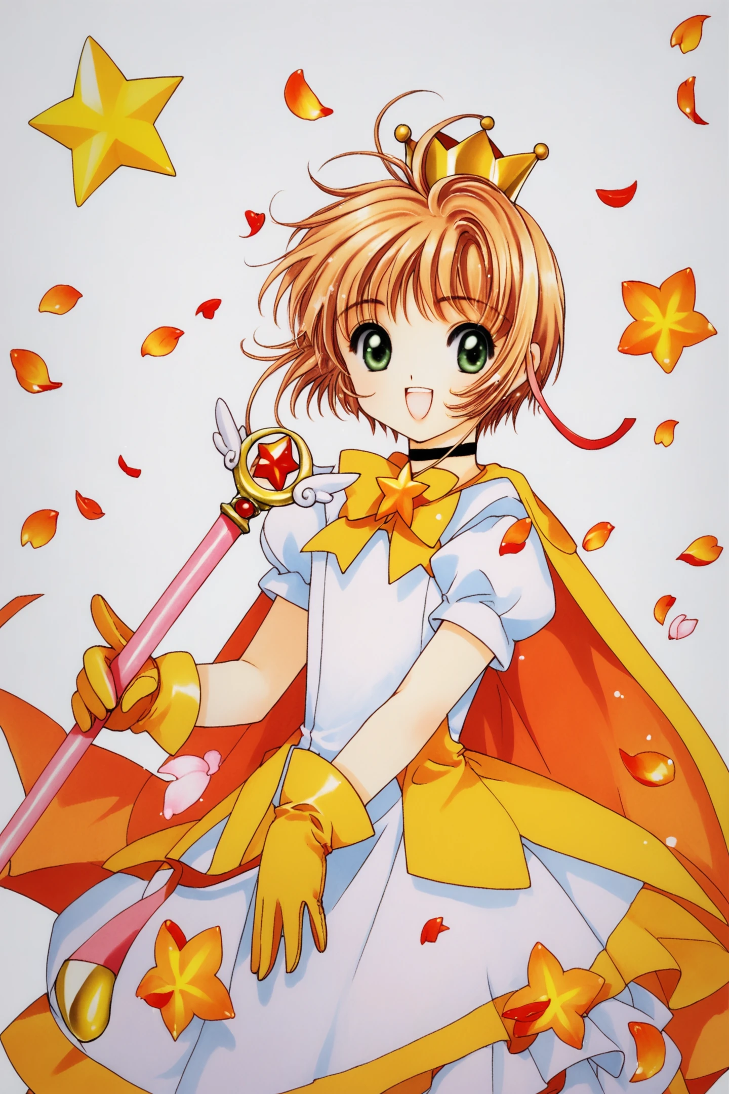 1girl, kinomoto sakura, crown, dress, solo, gloves, holding, green eyes, brown hair, smile, open mouth, short hair, choker, puffy sleeves, petals, white background, striped, magical girl, antenna hair, looking at viewer, yellow gloves, short sleeves, :d, wand, puffy short sleeves, yellow dress, simple background, bangs, vertical stripes, holding wand, ribbon, bow, cape, fuuin no tsue, star (symbol), cowboy shot, white dress, mini crown,1990s \(style\),retro artstyle,score_9,score_8_up,<lora:Card Captor Sakura_XL_PONY:0.8>,