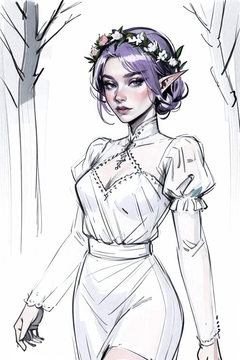 cowboy shot of beautiful elf queen, purple hair, ornate cyan dress with puffy sleeves, see-through sleeves, head wreath, particles, dark forest, night, fog, <lora:sxz-sketch-x:0.8> sketch, graphite \(medium\), (lineart, linear hatching:0.8),
