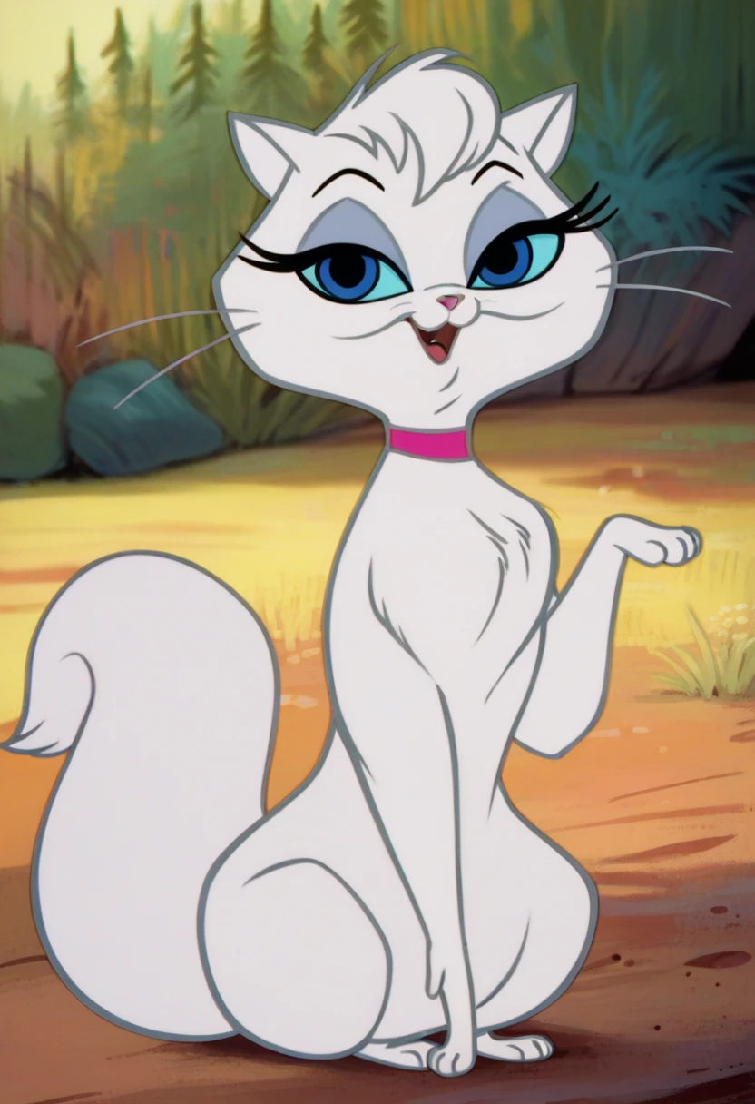 source_cartoon, source_western, source_furry, score_9, score_8_up, score_8, 1girl, <lora:Mewsette:0.85> feral, blue eyes, solo, open mouth, cat, white fur, no humans, choker, looking at viewer, smile, full body, whiskers, pink collar, tail, sitting, eyes closed,
forest background, blurry background,