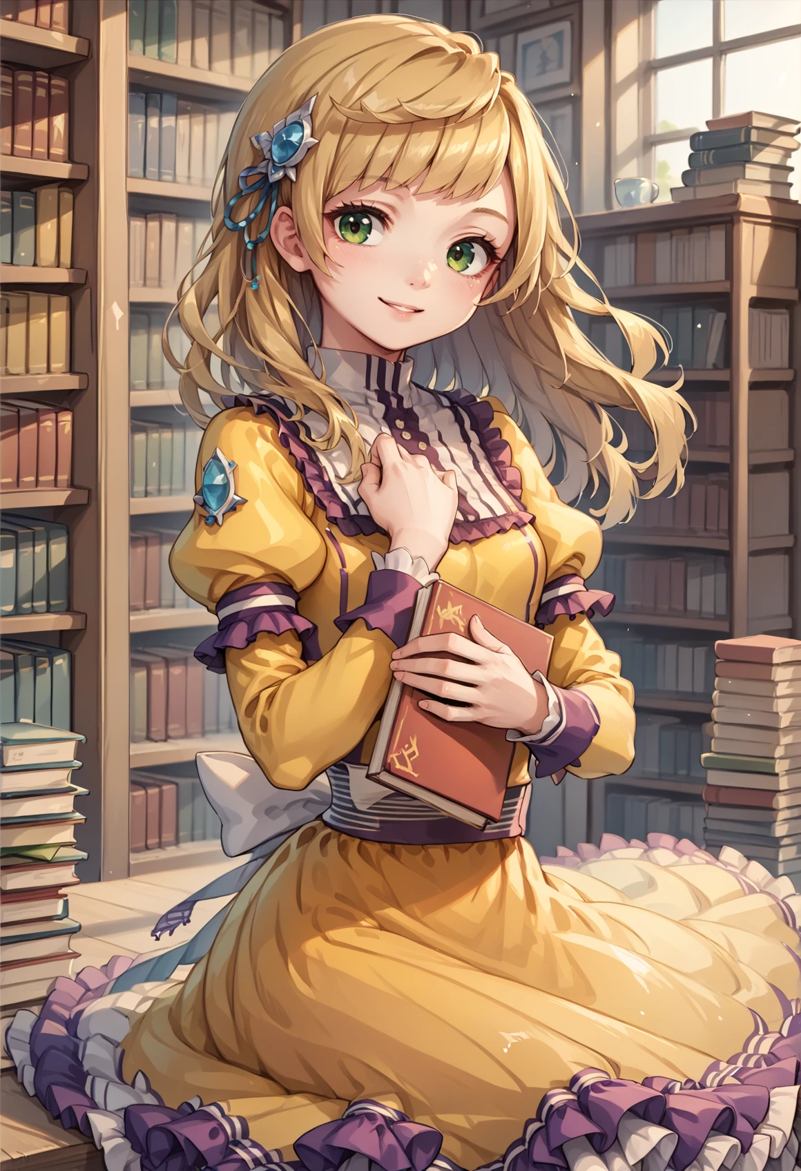1girl, long hair, blonde hair, green eyes, hair ornament, yellow dress, long sleeves, frilled dress, sitting, indoors, library, holding book, looking at viewer, smile <lora:Perrielle_XL:1>, score_9, score_8_up, score_7_up, score_6_up, score_5_up, score_4_up, BREAK source_anime, masterpiece