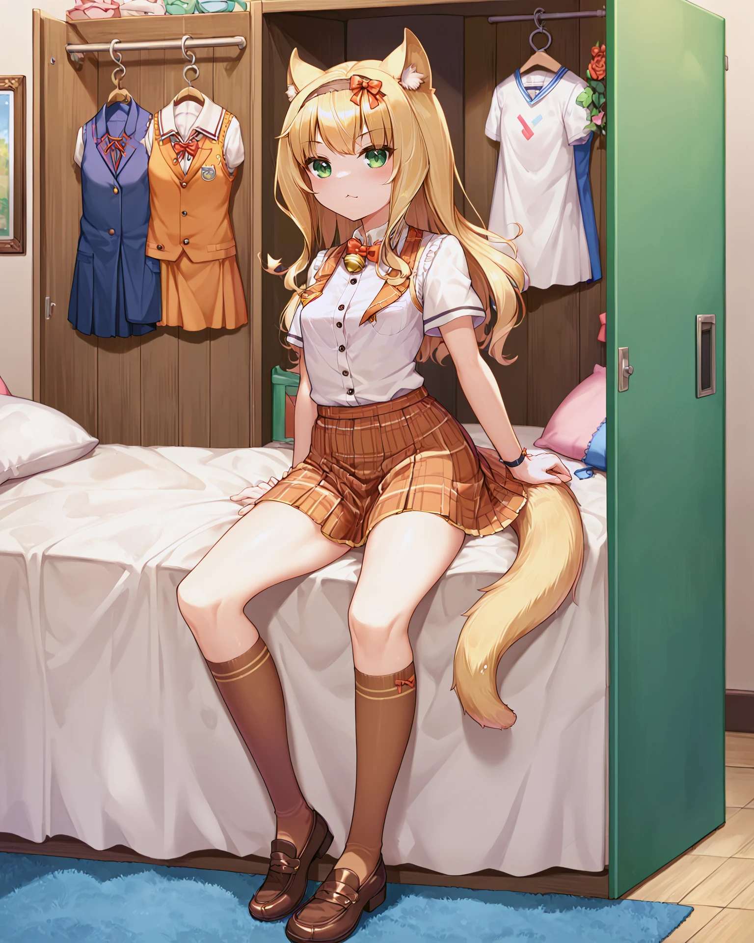 <lora:3_Style_Art_Deaver_XL:0.7> <lora:Neko_Maple_XL:0.7> maple, blonde hair, bangs, green eyes, cat girl, pointy cat ears, cat ears, cat tail, long hair, bow, bell, hairband, school uniform, shirt, white shirt, frills, center frills, vest, short sleeves, wristband, skirt, brown skirt, orange skirt, plaid, plaid skirt, pleated skirt, socks, brown legwear, kneehighs, shoes, loafers, brown footwear,, <lora:9_Detail_Tweaker_XL:0.8>, score_9, score_8_up, score_7_up, source_anime, masterpiece, best quality, highly detailed background, cinematic lighting, detailed eyes, perfect face,, lazy, teenager room, messy, bedroom, bed sheet, closet,