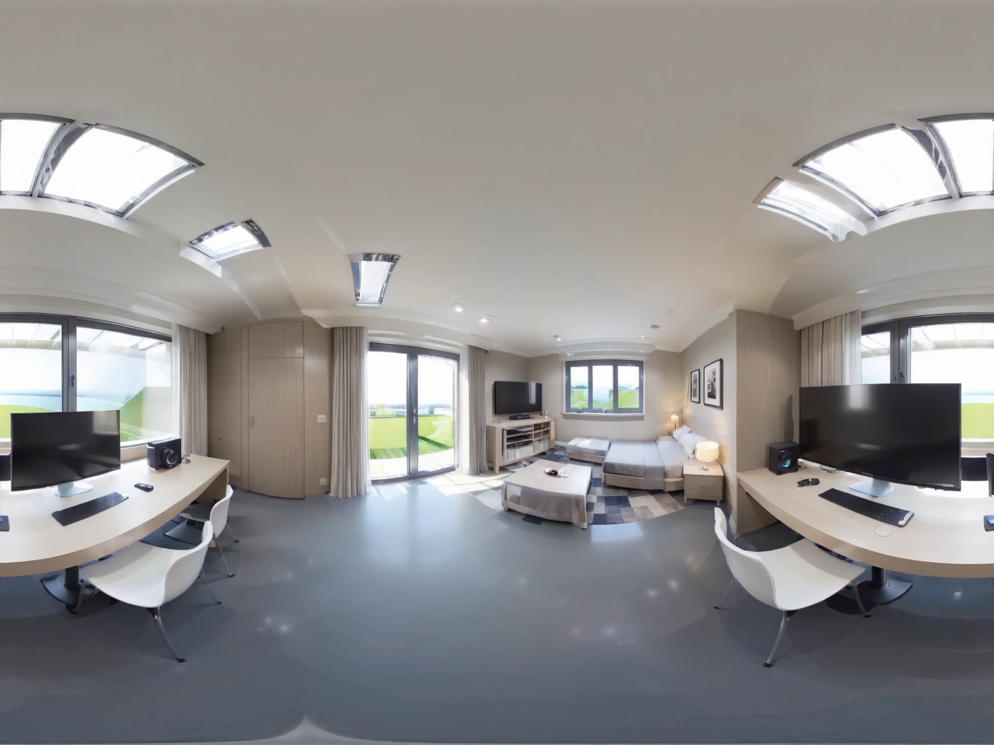 Create a realistic VR360 image depicting the interior of a room, designed to seamlessly form a closed loop when viewed from left to right. The room should be styled with modern furniture and decor, featuring a coherent design that connects the imagery on both sides of the room. The lighting should be natural, with windows providing a view outside, adding depth and realism. This image should allow for a continuous, immersive 360-degree experience when viewed in VR. <lora:sanbaro:0.8>