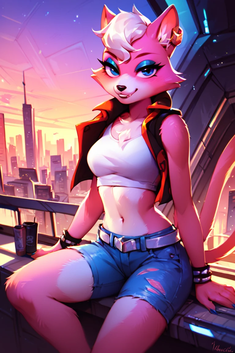 score_9, score_8_up, score_7_up<lora:Katt_Monroe_Starfox:1>, 1girl, Katt monroe, furry, in spaceship, denim shorts, crop top, seductive, city,