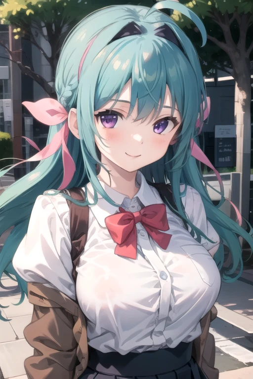 ((masterpiece)),(best quality),official art,extremely delicate and beautiful,extremely detailed CG,unity 8k wallpaper,ultra detailed,beautiful detailed eyes,extremely detailed face,outdoors,1girl,solo,upper body,(portrait:1.5),looking at viewer,facing viewer,smile,Ayahime Kurumi,antenna hair,long hair,aqua hair,hairband,hair bow,pink bow,hair ribbon,pink ribbon,hair intakes,sidelocks,bangs,purple eyes,school uniform,brown jacket,red bowtie,collared shirt,white shirt,long sleeves,juliet sleeves,puffy sleeves,large breasts,miniskirt,black skirt,pleated skirt,white thighhighs,zettai ryouiki,loafers,<lora:Ayahime Kurumi(kmsgfo):0.7>,