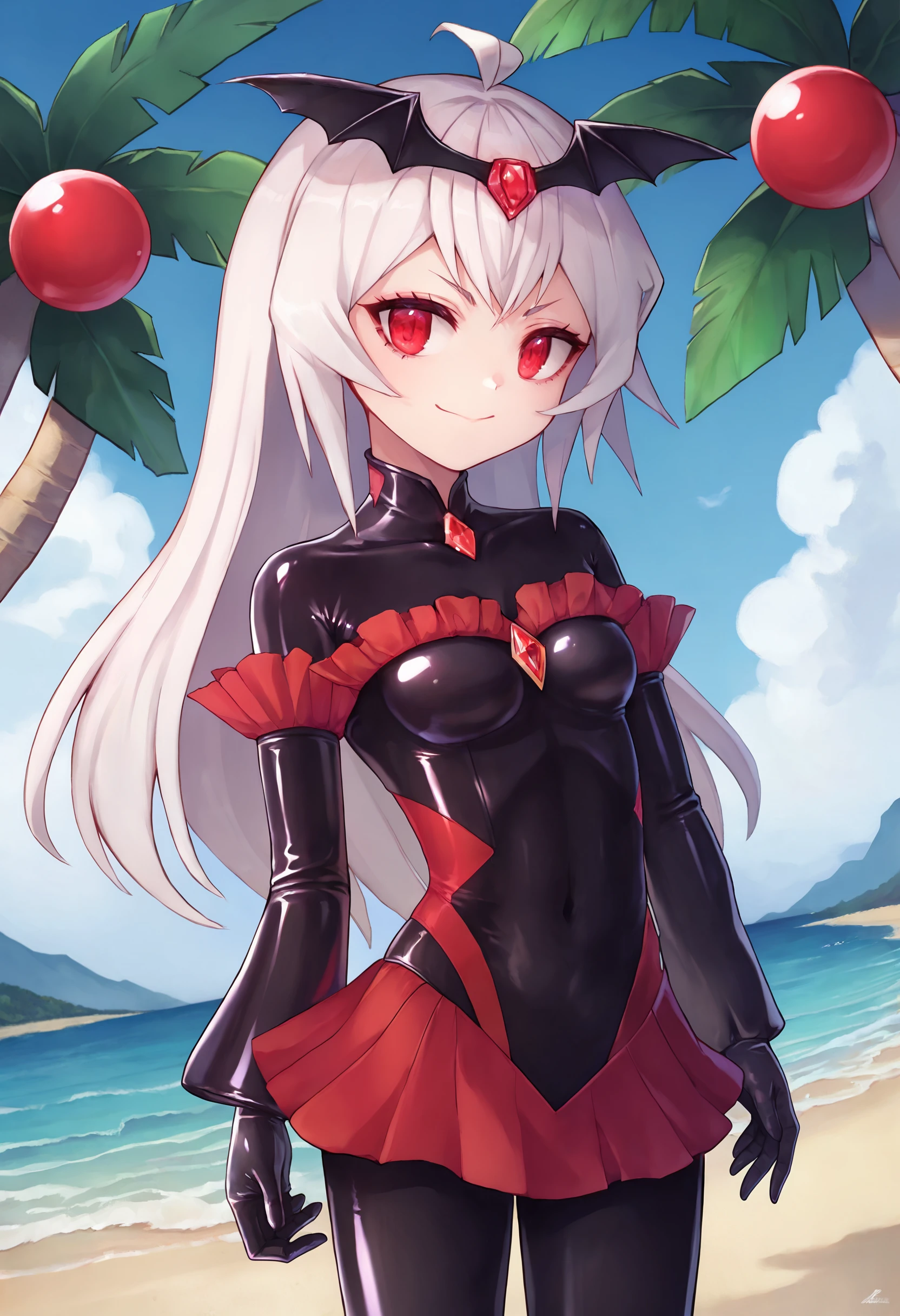 zPDXL, 1girl, solo, BREAK
nazuna, red eyes,
black badend-bodysuit, badend-tiara, red frills, red skirt, red gem, latex bodysuit,
cowboy shot,
outdoors, beach,
<lora:nazuna-ot1-729:0.8>   <lora:bad-end-ot14-1701:0.8>