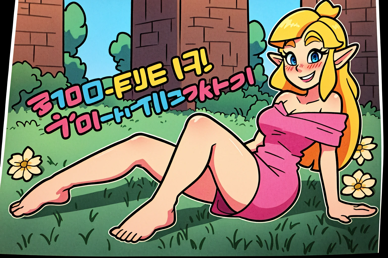 (((text, numbers, graphics))), masterpiece, ultra-detailed, best quality, illustration, 8k cg wallpaper, an extremely delicate and beautiful, 1girl, Princess Zelda /(The Legend of Zelda/), solo, perfect anatomy, smiling, blushing, perfect arms, perfect legs, cute, pretty, beautiful, sexy, perfect body, (background: flowery field, grass, trees, flowers, ruins, intricately detailed items in background), <lora:ATC:1>