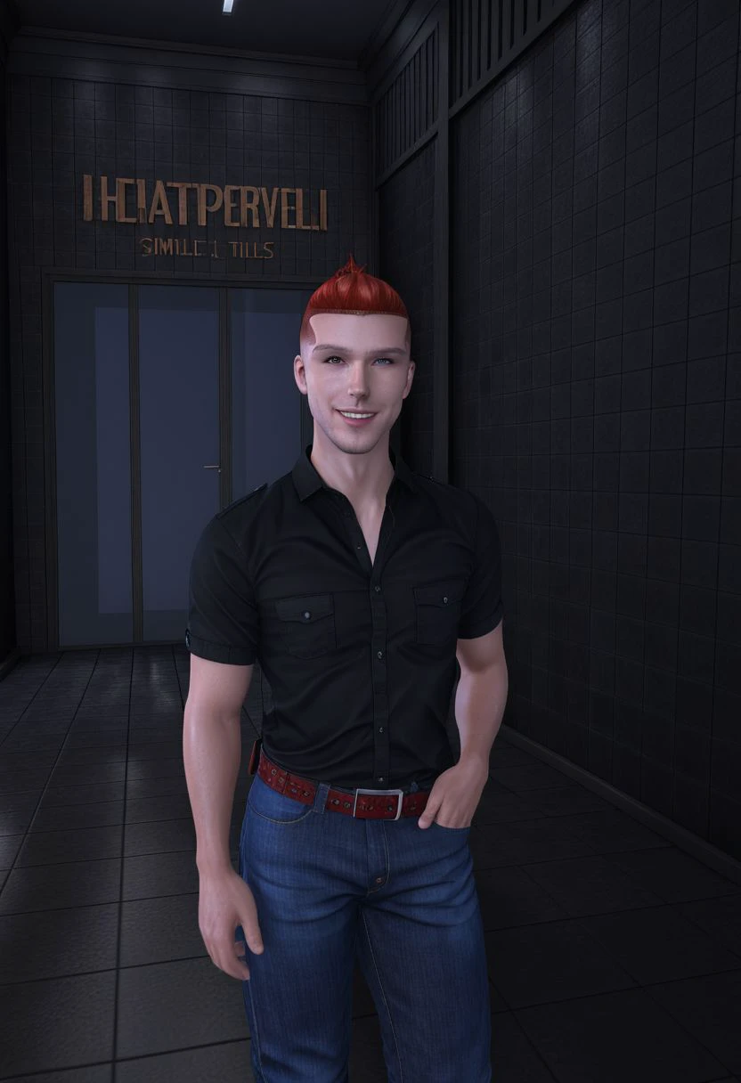 ranapekova, pants, solo, shirt, black shirt, male focus, 1boy, denim, belt, jeans, blue pants, looking at viewer, collared shirt, red hair, short sleeves, indoors, tiles, smile, realistic, portrait, upper body, (((masterpiece))), ((ultra-detailed)),