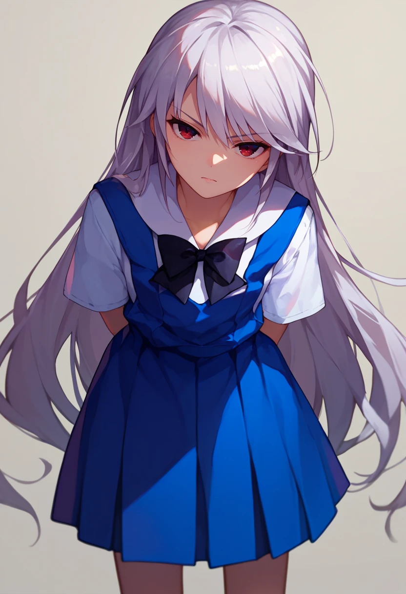 score_9, score_8_up, score_7_up, 1girl, kazami kazuki, silver hair, long hair, red eyes, blue school uniform, black bow, arms behind back, bent over, looking at viewer, front view, <lora:Kazuki DORA6-000007:1>