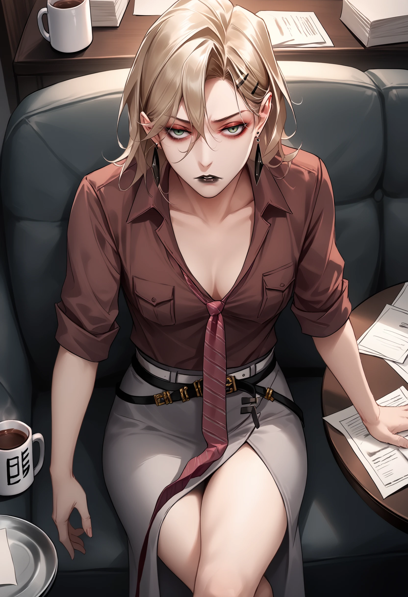 score_9, score_8_up, score_7_up <lora:langleyptn-ponyxl-beta2-10:1.0> langleyPTN BREAK 1girl, solo, brown shirt, collared shirt, collarbone, plunging neckline, downblouse, from above, breasts, sitting, chair, couch, loose necktie, red striped necktie, tie clip, sleeves rolled up, grey pencil skirt, long skirt, side slit, belt, black belt, makeup, black lips, teeth, crossed legs, thighs, looking at viewer, expressionless, tired, parted lips, earrings, indoors, paper stack, desk, office, ashtray, green eyes, bags under eyes, (coffee mug:1.2),