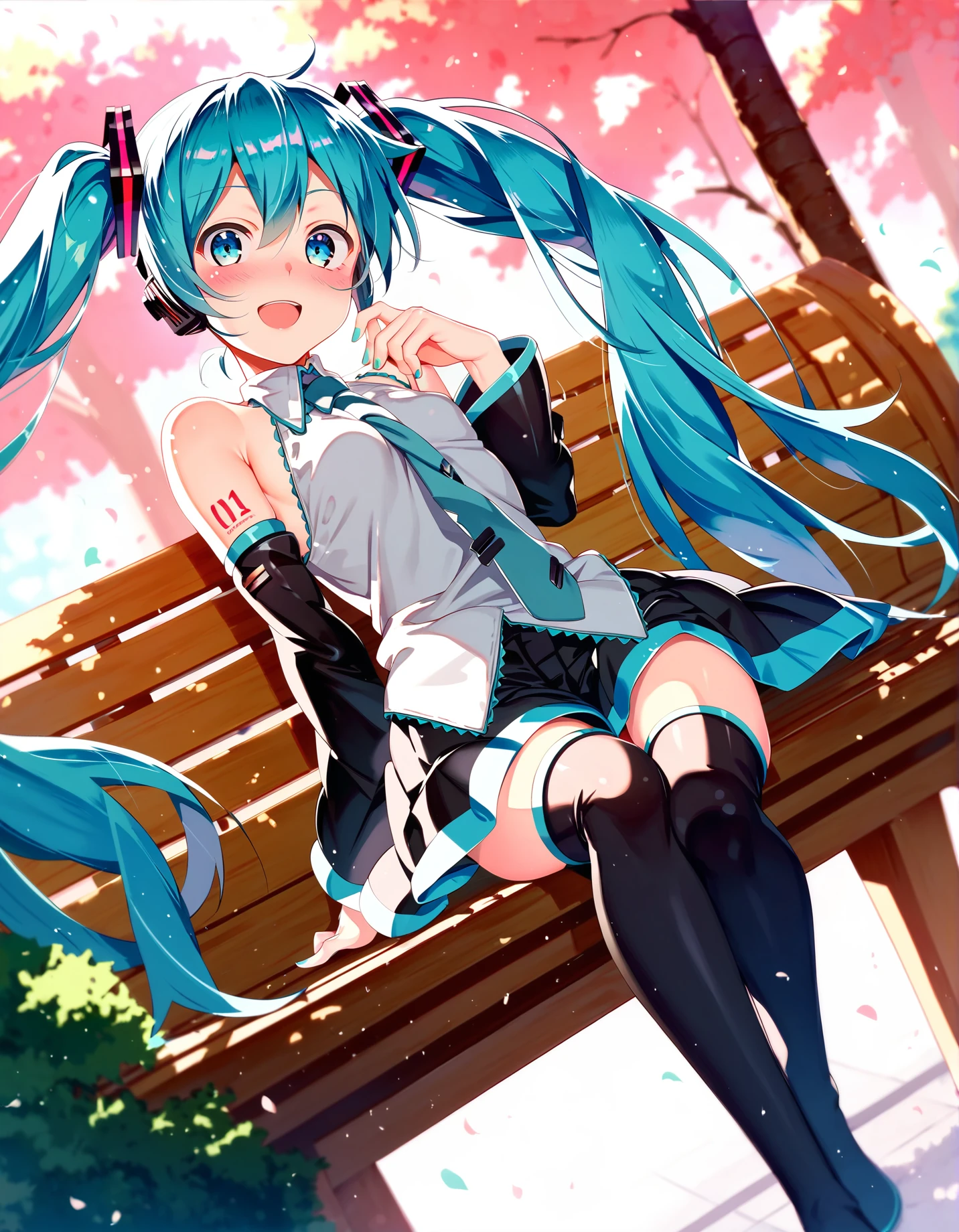 score_9, score_8_up,score_7_up,score_6_up, a girl is sitting on a park bench, smile, looking at viewer, blush, detached sleeves, black thighhighs, hatsune miku, open mouth, <lora:tanabae_kyou_style_pony6_v1-000014:1>, dutch angle
