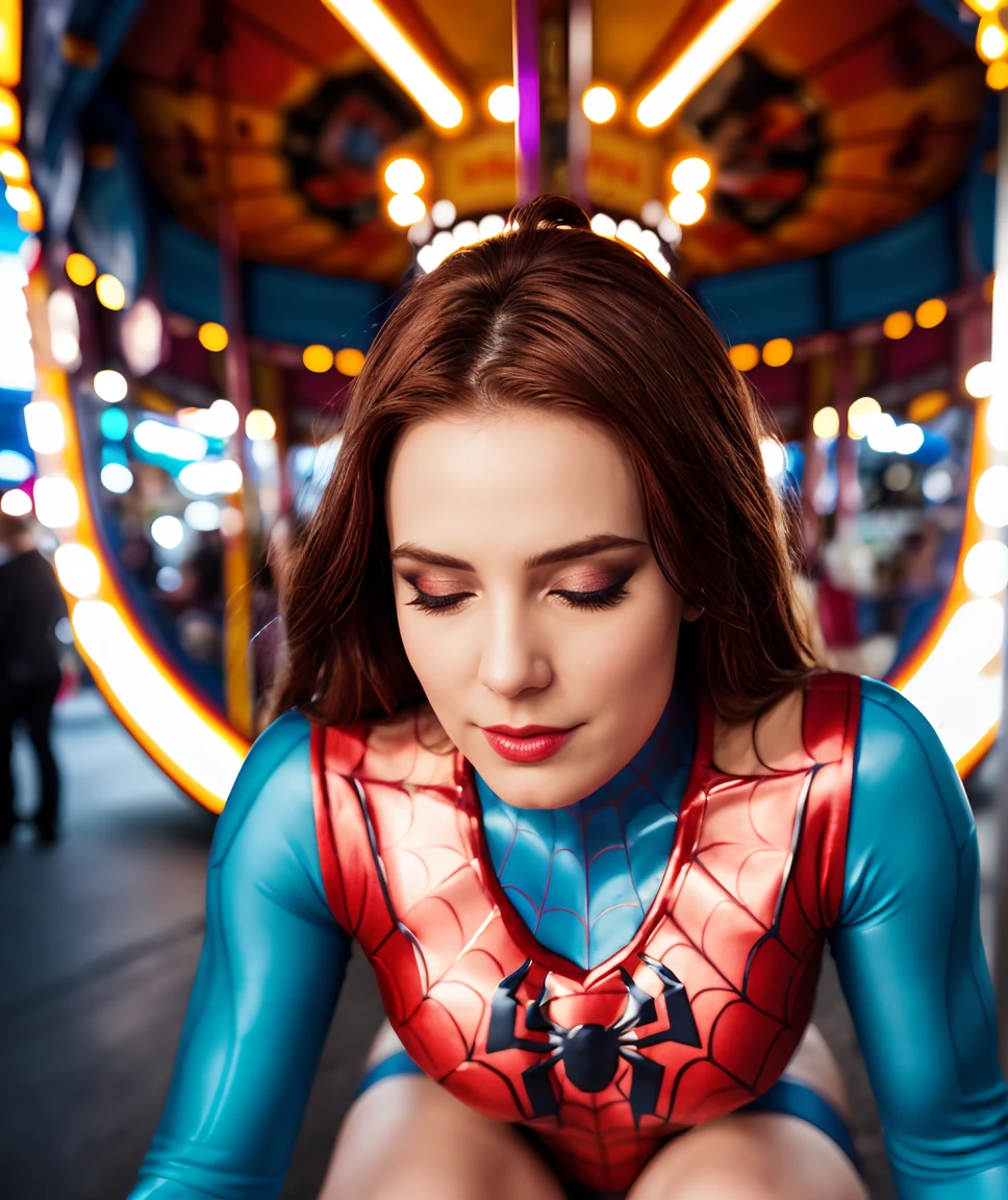 cinematic photo <lora:quiron_simoneSimons_v5_Lycoris:0.87> SimoneSimonsQuiron woman, simone, simons, makeup, Meditating, lying, on back, from above, amusement park, carousel, ferris wheel, at Morning light, kneeling, Spider-man suit, hazel footwear, socks, embarrassed, nose blush, . 35mm photograph, film, bokeh, professional, 4k, highly detailed