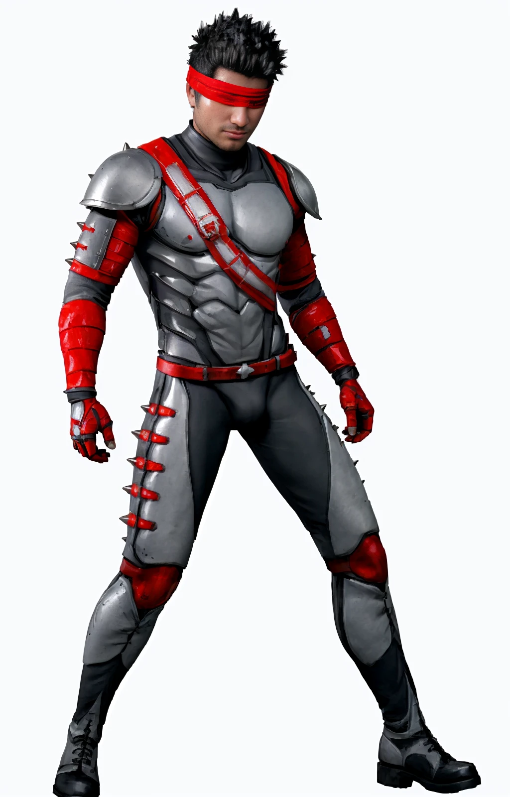 ((best quality)), ((masterpiece)), ((realistic)), (detailed)
<lora:Kenshi_Mugen:0.8> mkenshi, 1boy, bodysuit, black hair, blindfold, armor, spiked hair, short hair, boots, long gloves, white background, gray bulge,