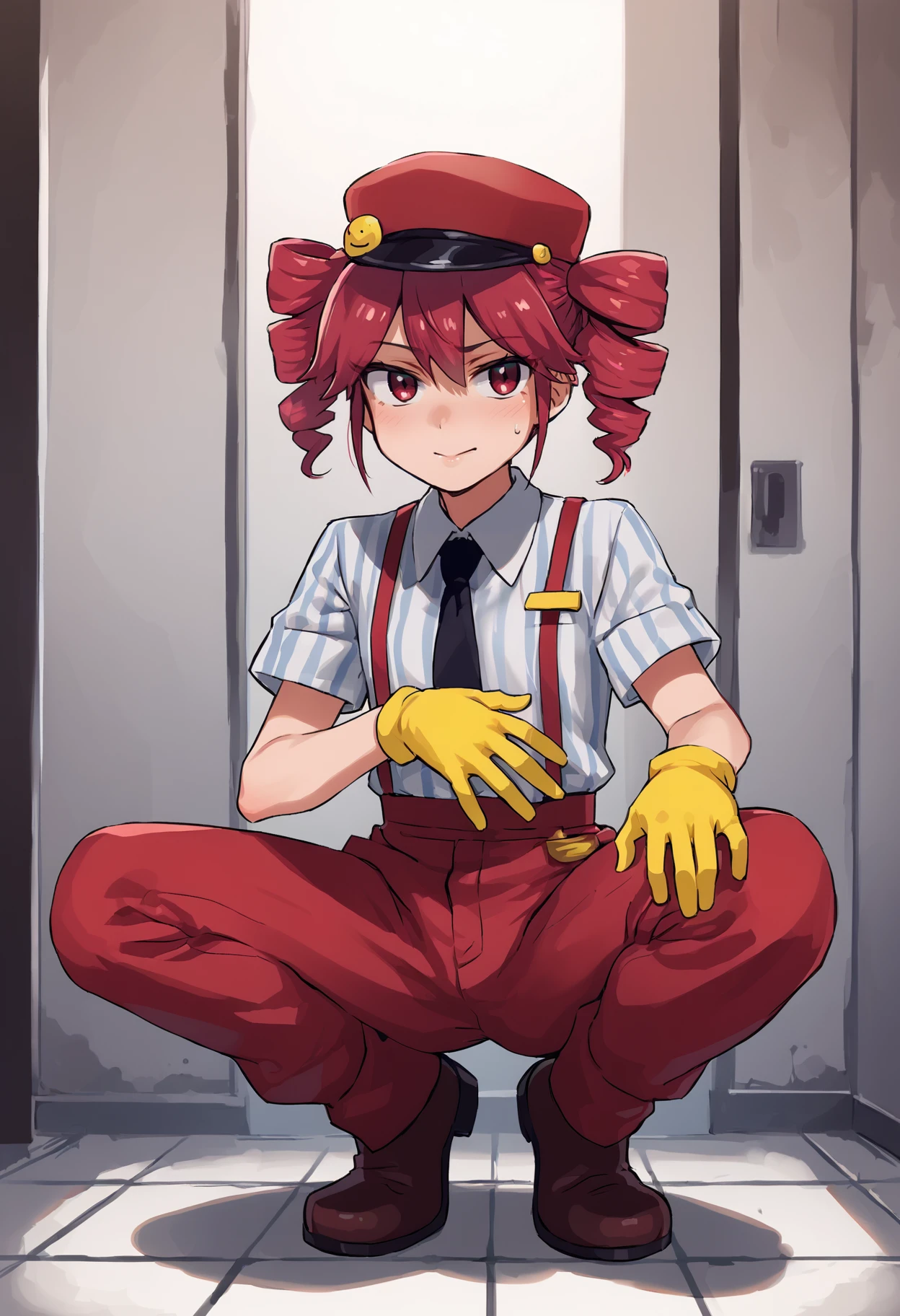 tetomesmerizer, kasane teto, striped shirt, yellow gloves, black necktie, suspenders, red pants, hat, grin, sad eyebrows, (girl rides on top of guy perfectly:1.3), (girl having sex:1.9), 1girl, mall, nervous smile, sweatdrop, sweat