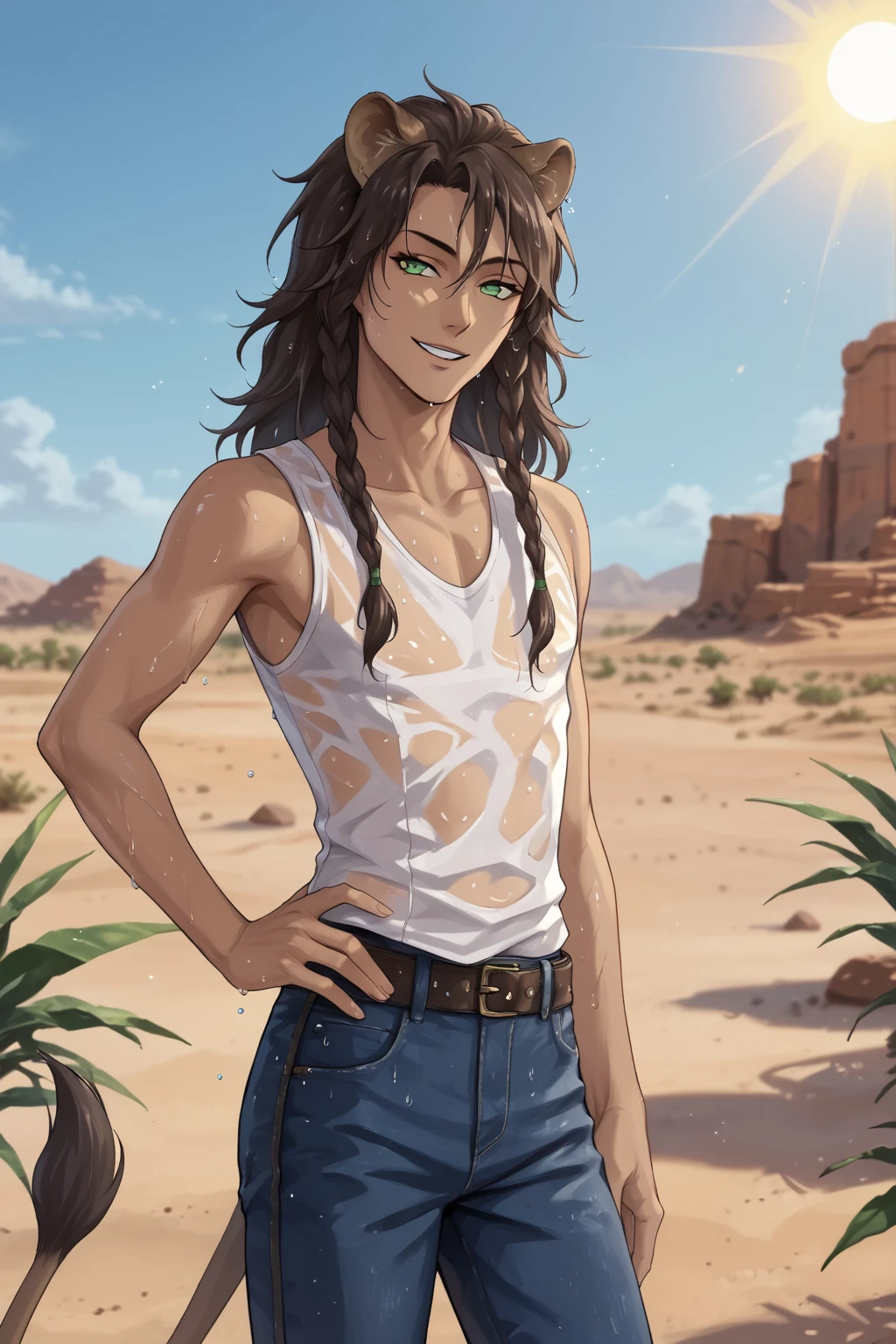 score_9, score_8_up, score_7_up, source_anime, BREAK, 1boy, bishounen, dark skin, dark brown hair, twin braids, long hair, lion ears, green eyes, (perfect eyes:1.2), (skinny), white tanktop, blue jeans, sweat, wet, detailed eyelashes, broad shouldered, seductive smile,
BREAK, (three quarter view:1.4), outdoors, desert, savannah, sun, day, hand on hip, leaning, boy, leona_kingscholar<lora:EMS-342536-EMS:1.000000>, <lora:EMS-18850-EMS:0.800000>, <lora:EMS-361072-EMS:0.800000>