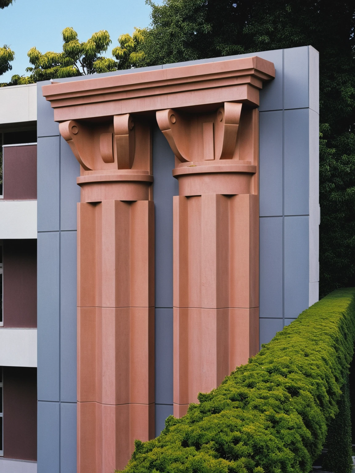 <lora:JJsPostmodernArchitecture_XL:1>, ((Postmodern Architecture)), , ((masterpiece)), ((best quality)), real world location, realistic, high detailed, (outdoor) , no human, ((building)), wall, tree,