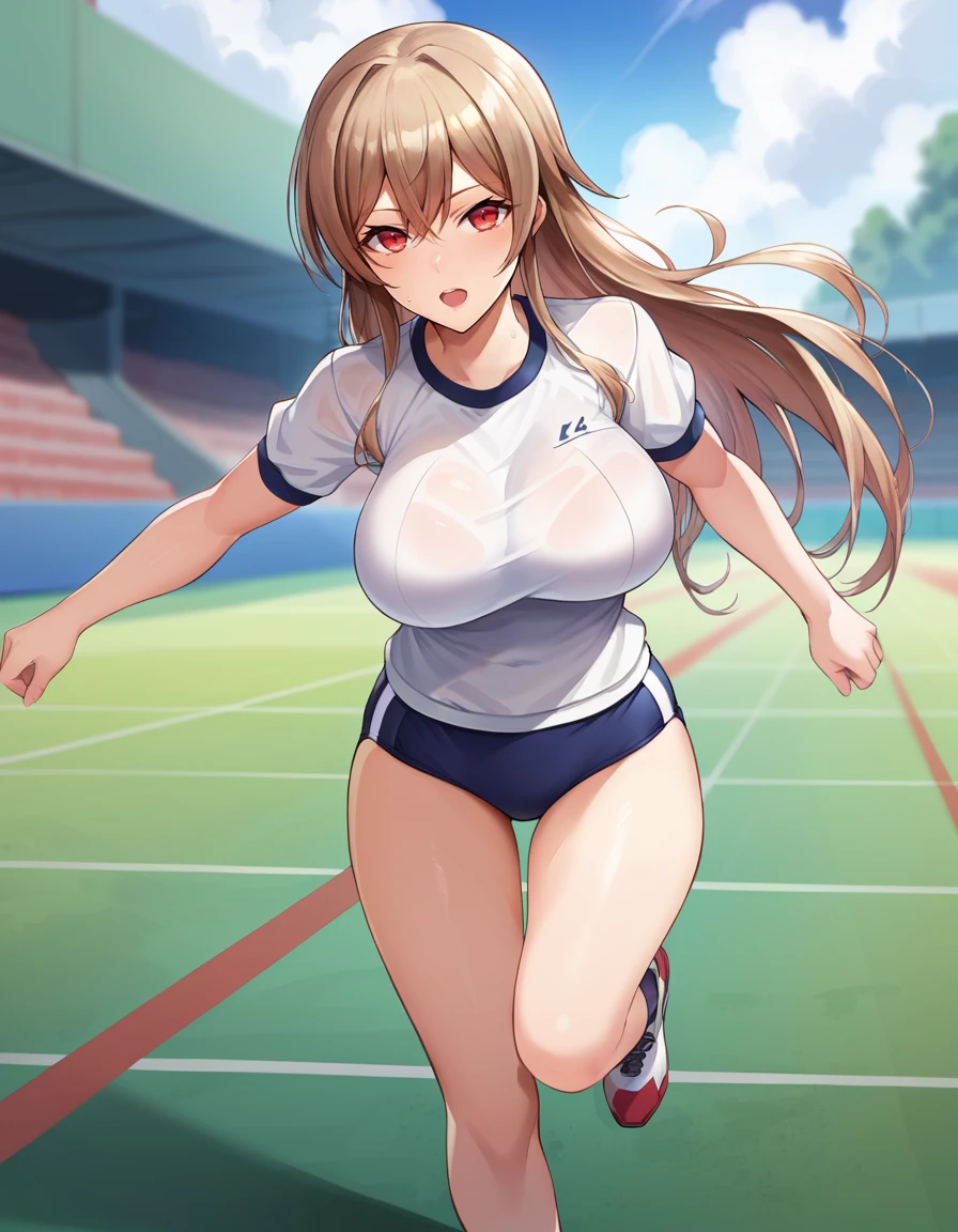 score_9, score_8_up, score_7_up, source_anime,
cinematic, dramatic, blurry background, depth of field, 
1girl, solo, running track, bouncing breasts, looking at viewer,   dynamic pose, dynamic angle, from below, 
outdoors, 
 <lora:FurenELustario_pony_v1:0.9>
frnel, very long hair, blond  hair, brown hair, bangs, red eyes, hair between eyes, large breasts, 
gym uniform, white gym uniform, blue buruma, thighs,