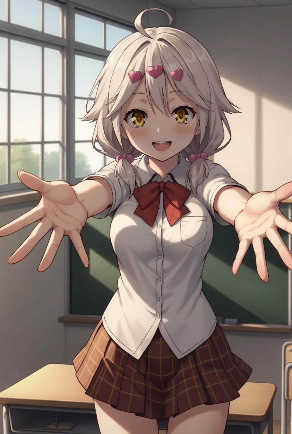 score_9, score_8_up, source_anime BREAK solo, looking at viewer, cowboy shot,
<lora:yuiPdxlDwnsty-000008:0.8>,yui alternate, yellow eyes, white hair, ahoge, low twintails, heart hair ornament, school uniform, plaid skirt, shirt,
smile, open mouth, medium breasts, blush, outstretched arms,
indoors, classroom, desk, window,