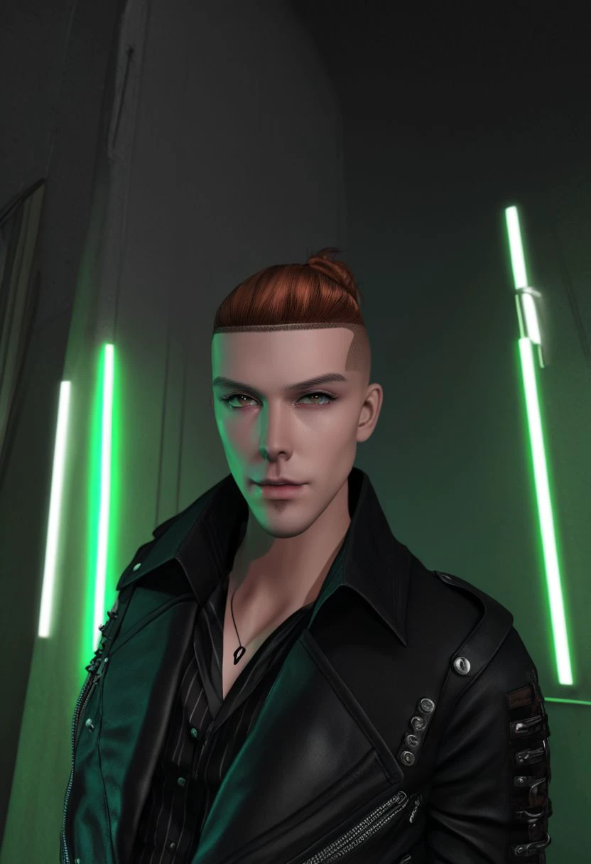 rpskxzt, solo, 1boy, male focus, jacket, piercing, striped shirt, brown hair, shirt, striped, looking at viewer, black jacket, realistic, ear piercing, upper body, leather jacket, green eyes, earrings, facial hair, jewelry, (((masterpiece))), ((ultra-detailed)),