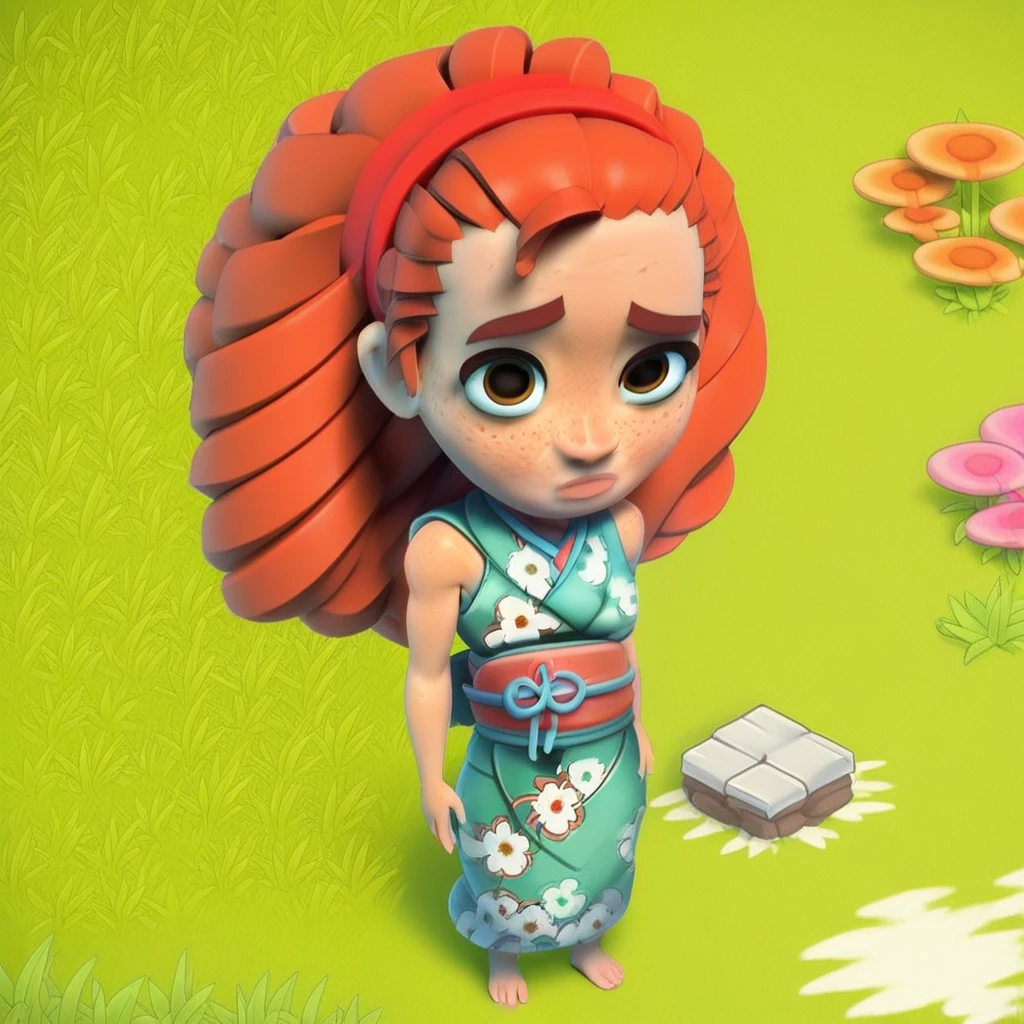 bone necklace, flower, barefoot, kimono, long orange hair, freckles, red hair, curly hair, long hair, dress, 1girl, solo, thick lips, red hairband, sleeveless, grass, japanese clothes