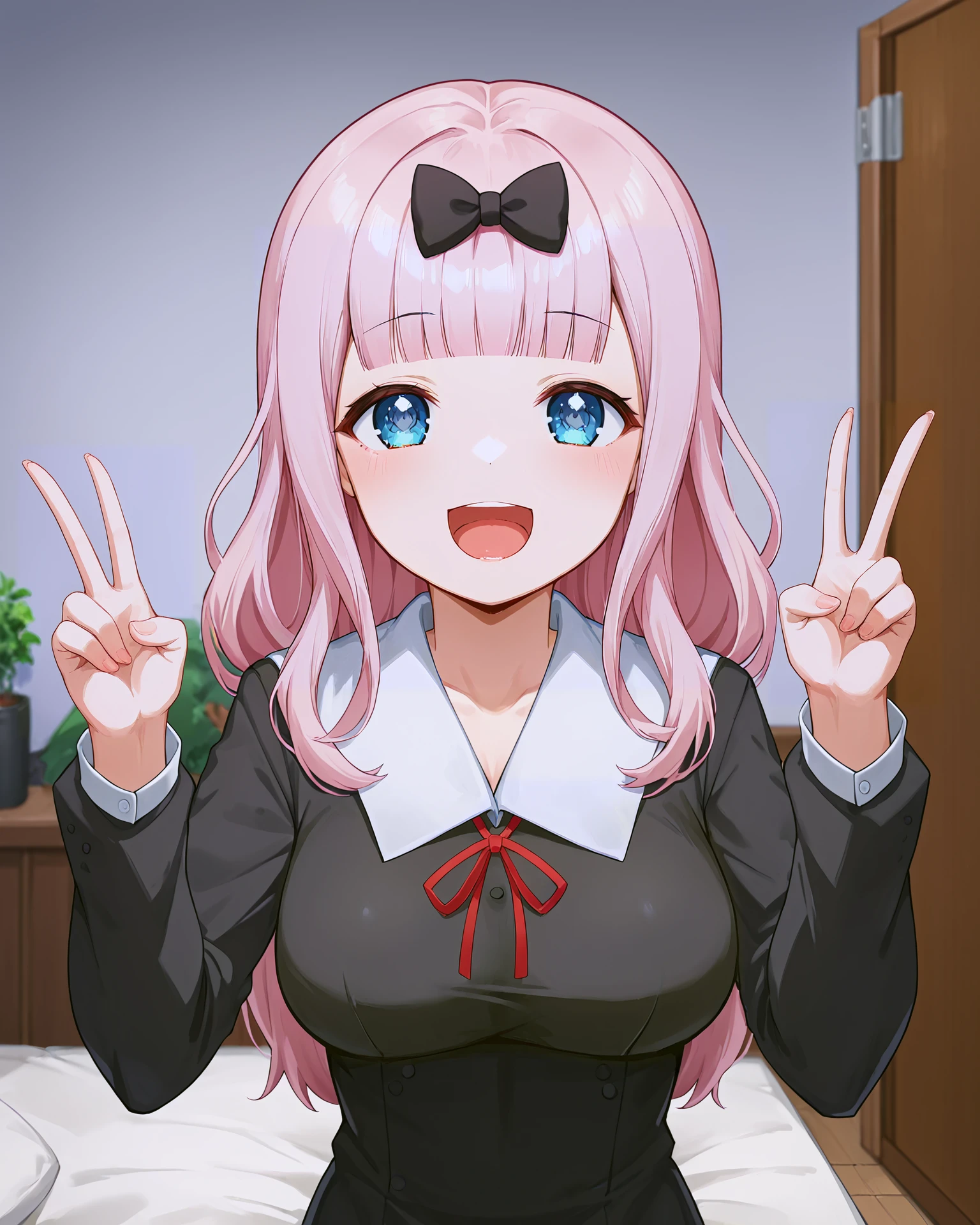 <lora:3_Style_Art_Deaver_XL:0.8> deaver, by deaver,  <lora:LoveIsWar_Chika_XL:0.8> chika fujiwara, 1girl, black bow, blue eyes, blunt bangs, hair bow, long hair, pink hair, blunt bangs, black bow, neck ribbon, large breasts, school uniform, black dress, red ribbon, long sleeves, collared dress, :p, upper body, double v, happy,, <lora:9_Detail_Tweaker_XL:0.8>, score_9, score_8_up, score_7_up, source_anime, masterpiece, best quality, highly detailed background, cinematic lighting, detailed eyes, perfect face,, lazy, teenager room, messy, bedroom, bed sheet, closet,